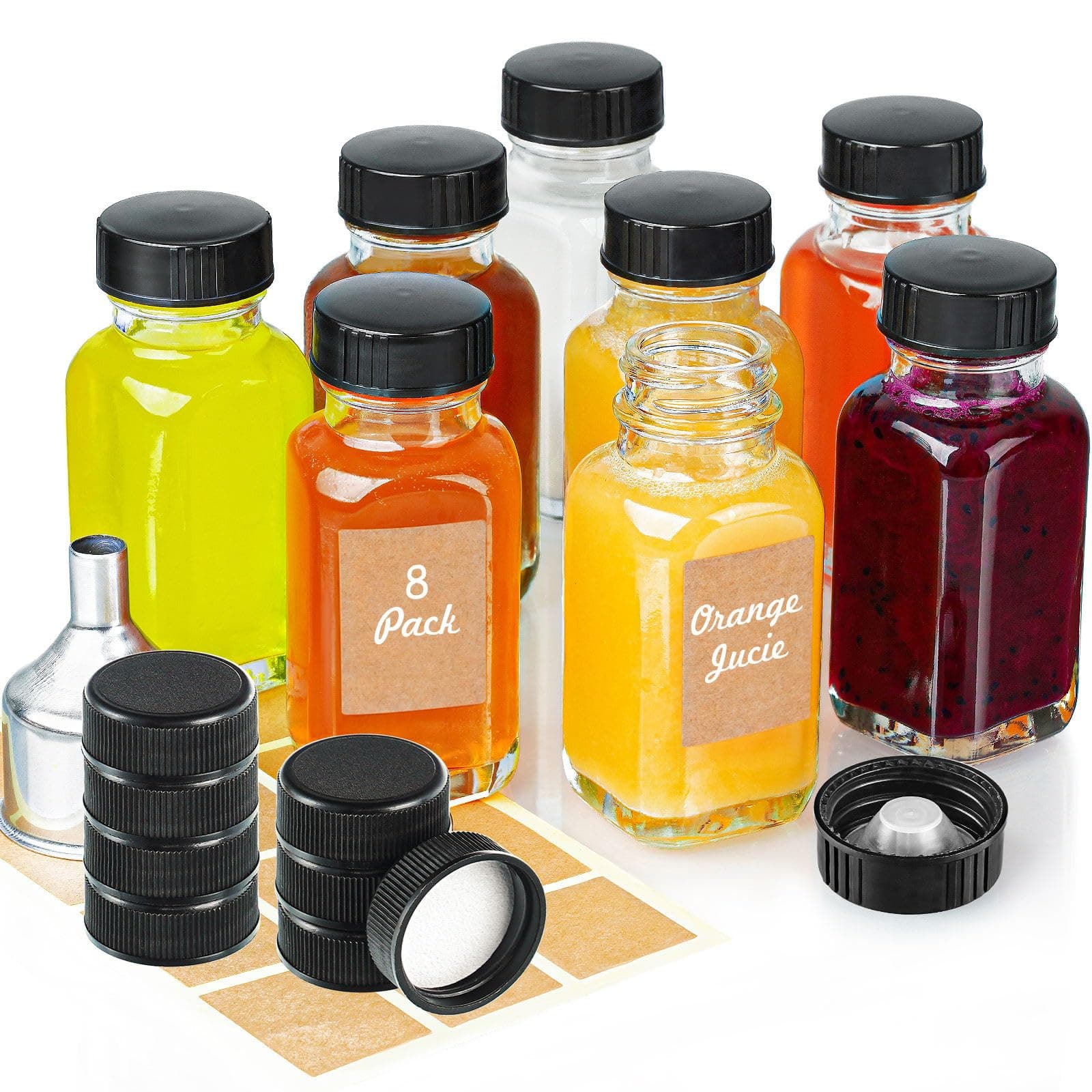 Reusable Ginger Shot Bottles with Caps - 8 Pack 2 oz Small Square Glass Jars with 8 Sealed Conical Inner Caps & 8 Airtight Lids, Wide Mouth Juice Bottles for Fridge, Extra Stickers, Funnel