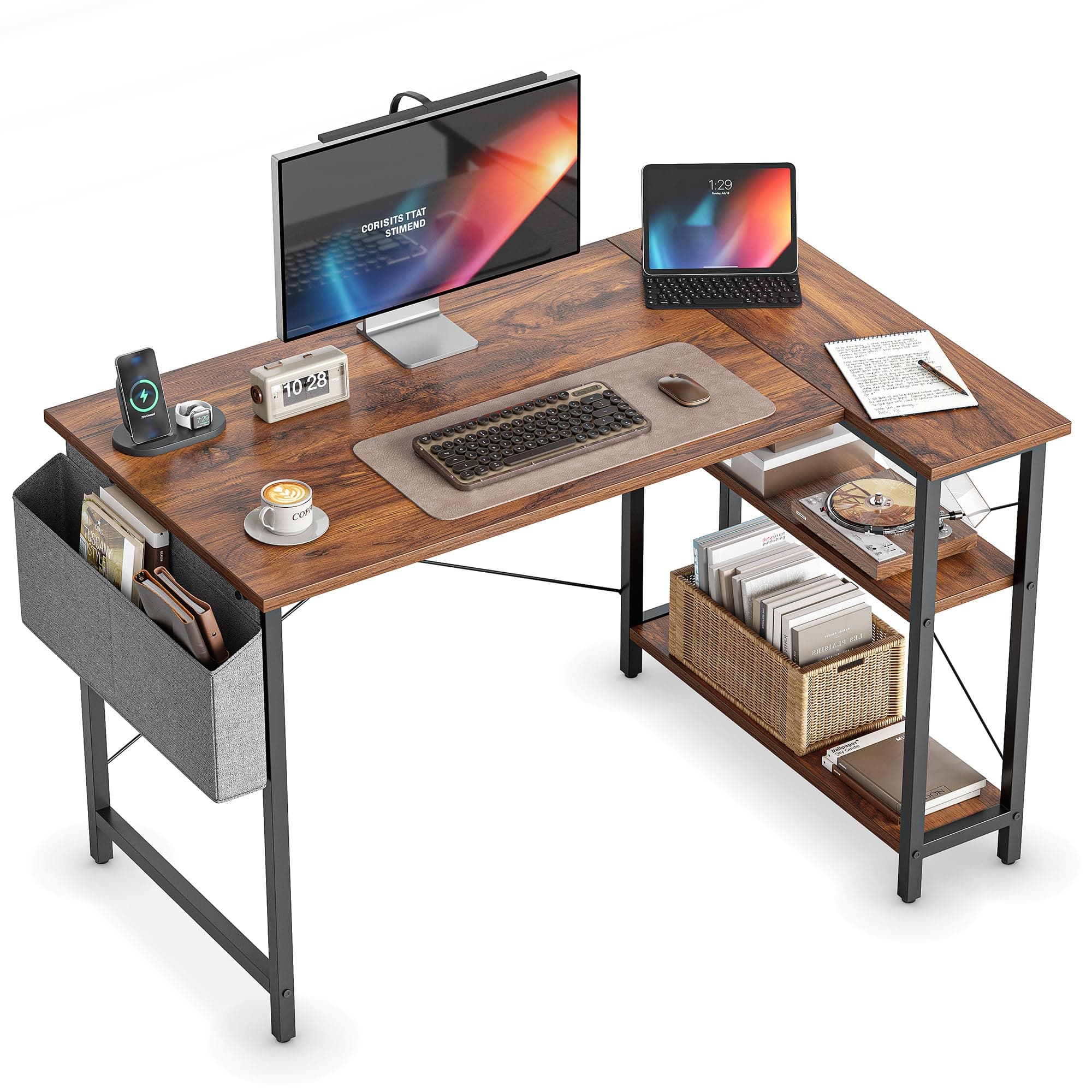 CubiCubi L Shaped Desk, 40" Computer Desk with Reversible Storage Shelves Home Office Corner Desk Study Writing Gaming Table, Brown