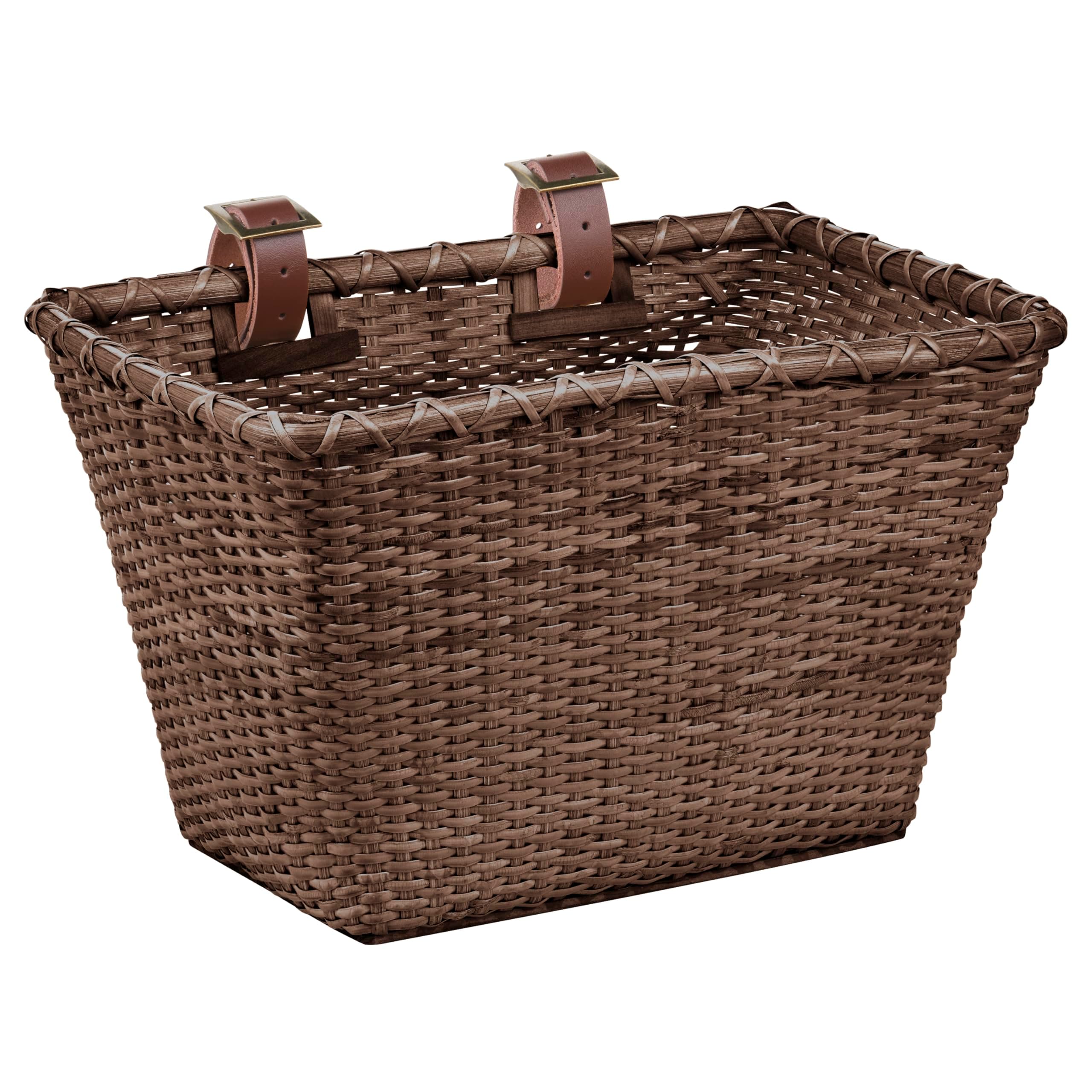 Bicycles Cane Woven Rectangular "Toto" Basket with Authentic Leather Straps and Brass Buckles, Dark Stain