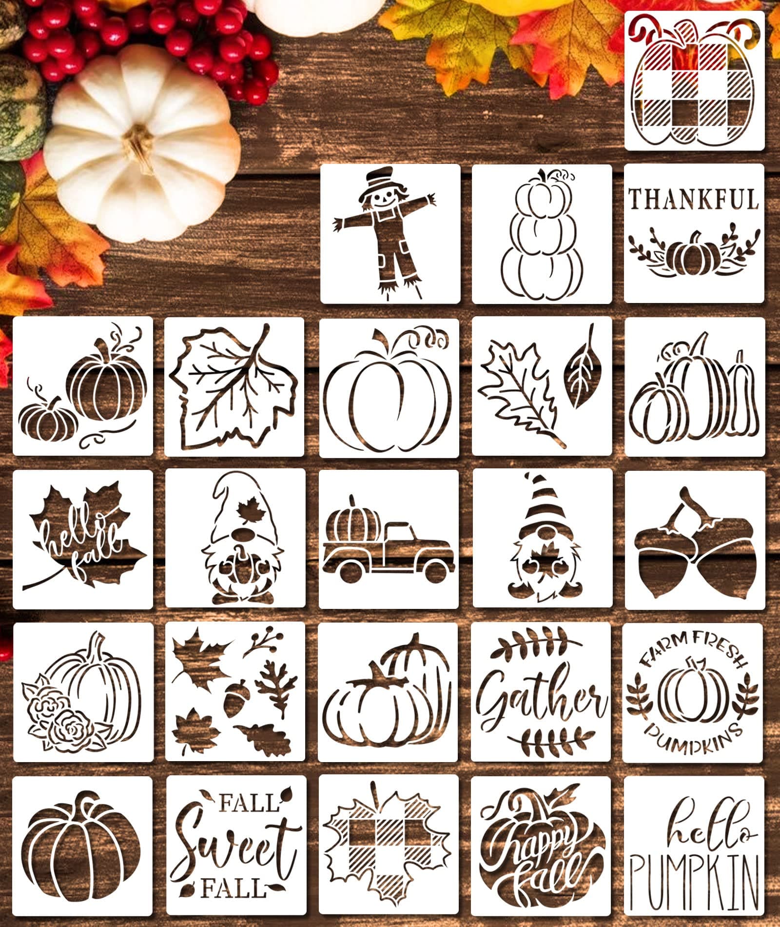 24Pcs Fall Stencils 3x3 in Reusable ,Small Fall Stencil for Painting on Wood- Autumn Templates for Thanksgiving DIY Crafts Ornaments Wood Slice