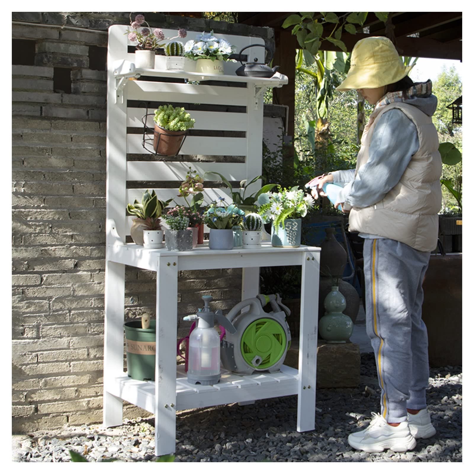 Potting Bench Garden Table for Outdoors Solid Wooden Work Station Gardening Bench Potting Table with Hooks (Color : White, Size : 90x45x165cm)