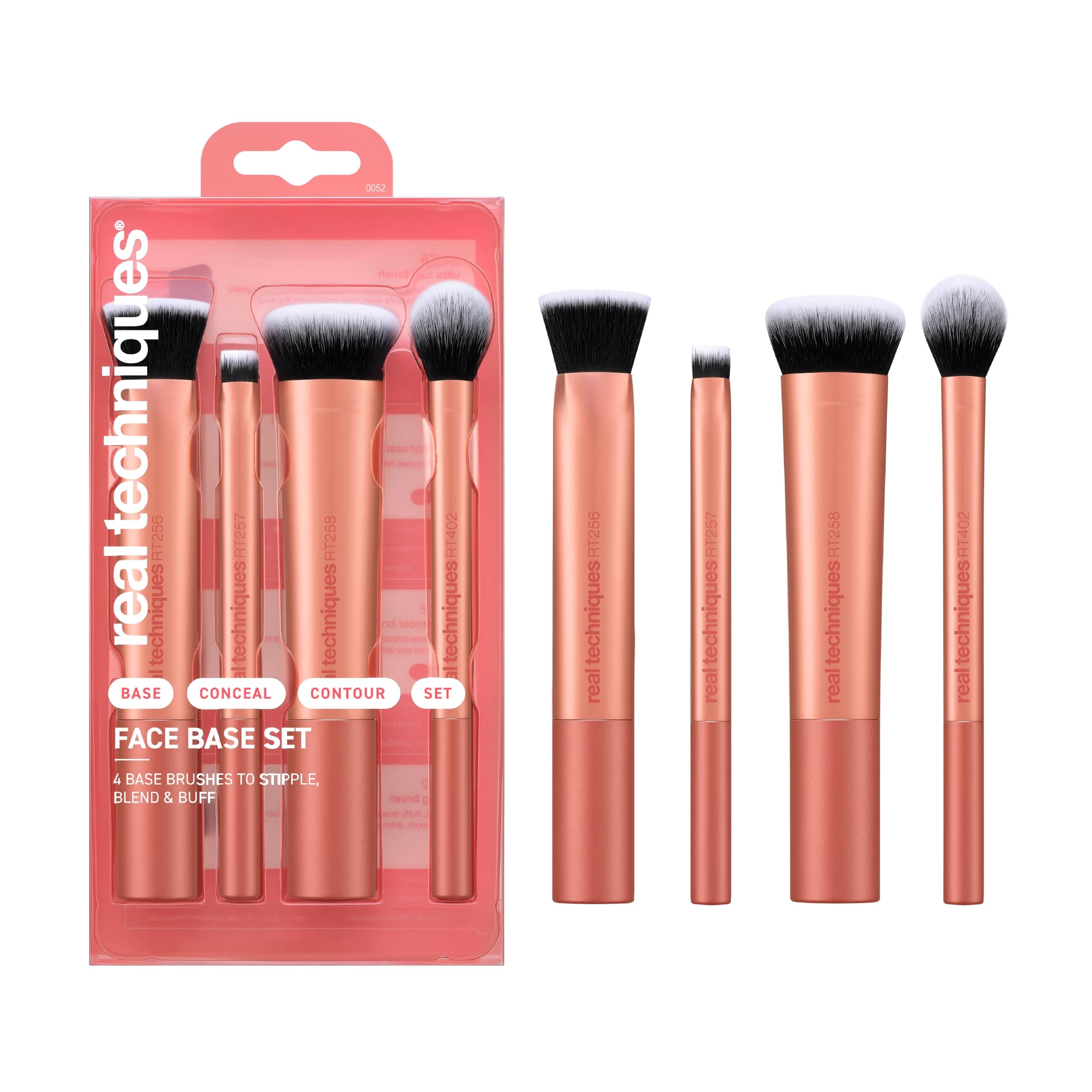 Real Techniques Face Base Makeup Brush Kit, For Concealer, Foundation, & Contour, Works With Liquid, Cream & Powder Products, Staples For Blending & Buffing, 4 Piece Set