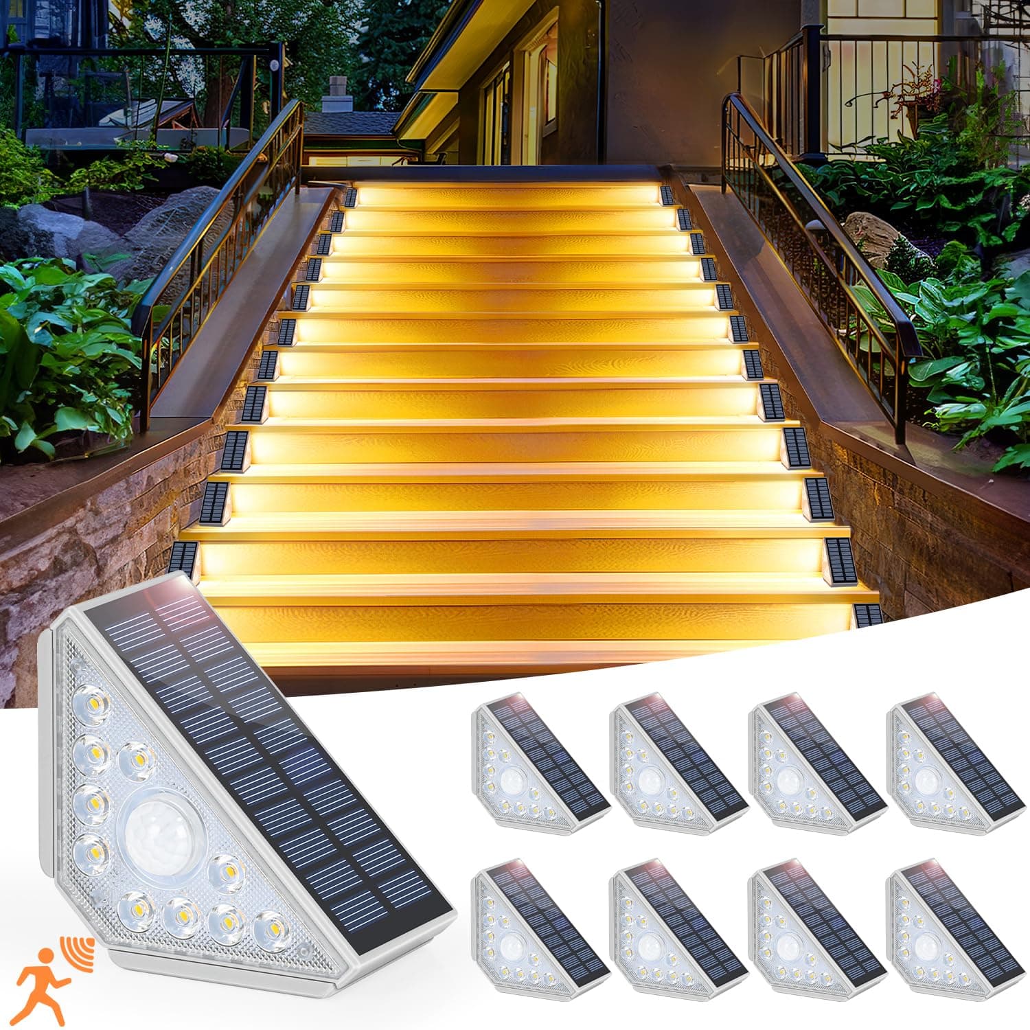 Motion Sensor Solar Stair Lights Outdoor, 8-Pack Super Bright LED Solar Powered Step Lights for Outside, 550LM IP67 Waterproof Outdoor Sensor Lights for Stair Porch Yard Deck, Warm White