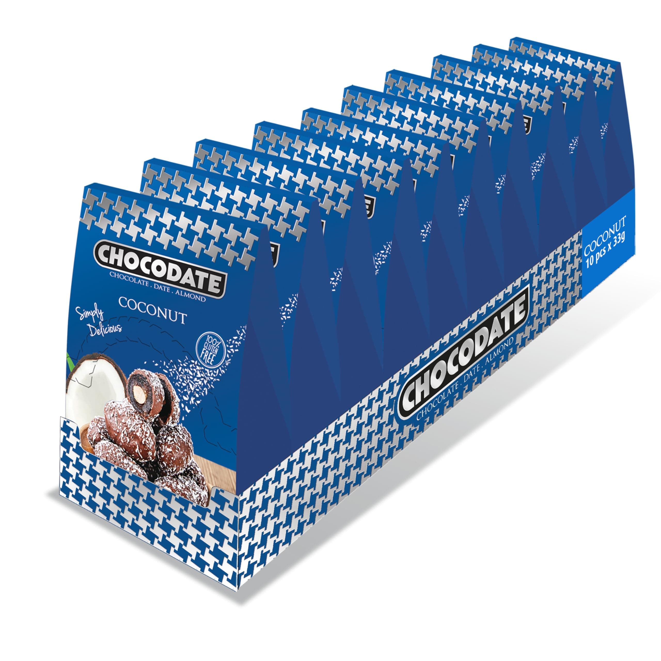 Coconut and Chocolate Coated Dates with Roasted Almonds, Bite Size Snack, Gluten-Free - 33g x 10