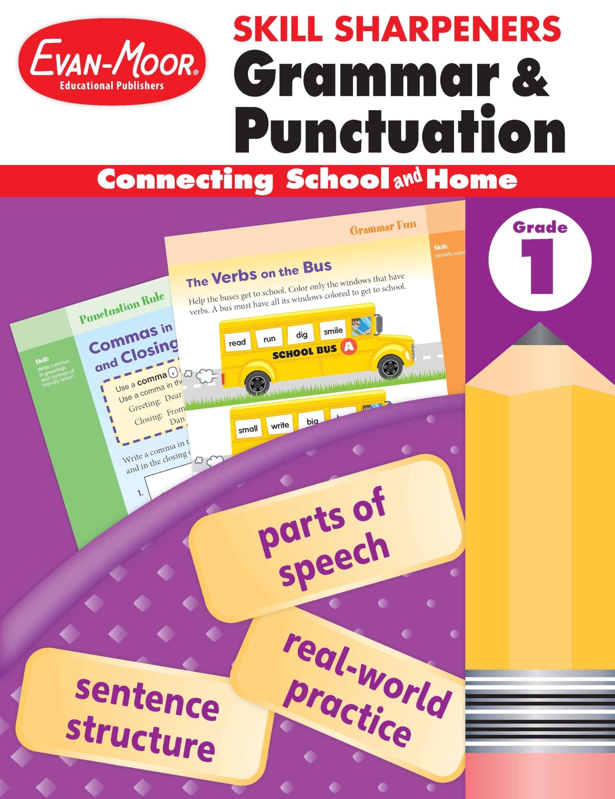 Evan-Moor Skill Sharpeners Grammar and Punctuation Workbook, Grade 1, Nouns, Verbs, Sentence Structure, Subject, Predicate, Language Handbook, Real-World Practice, Fun Activities, Homeschool, Practice