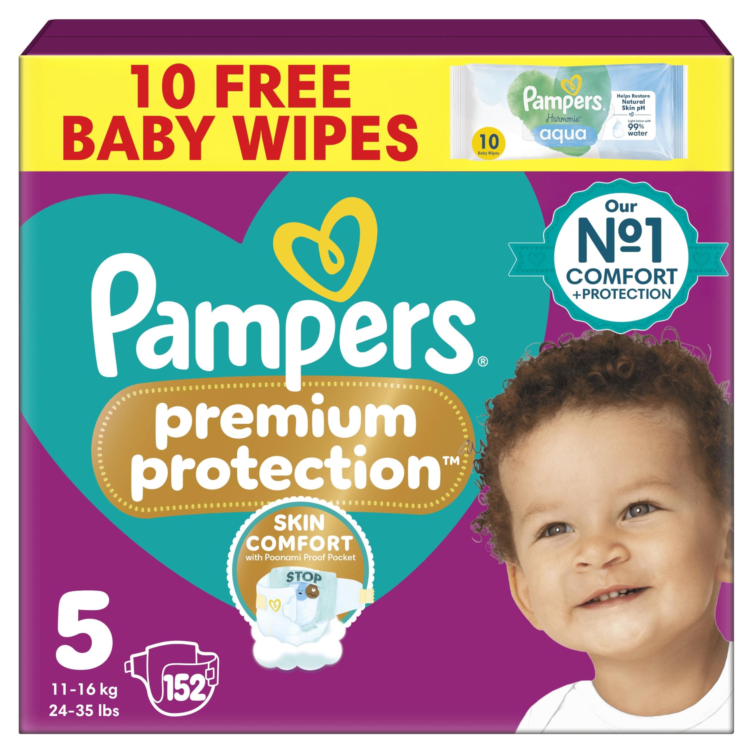 Pampers Premium Protection Size 5, 152 Baby Nappies, 11kg-16kg, Monthly Pack with Pampers Harmonie Aqua Baby Wipes 1 Pack of 10 Wipes