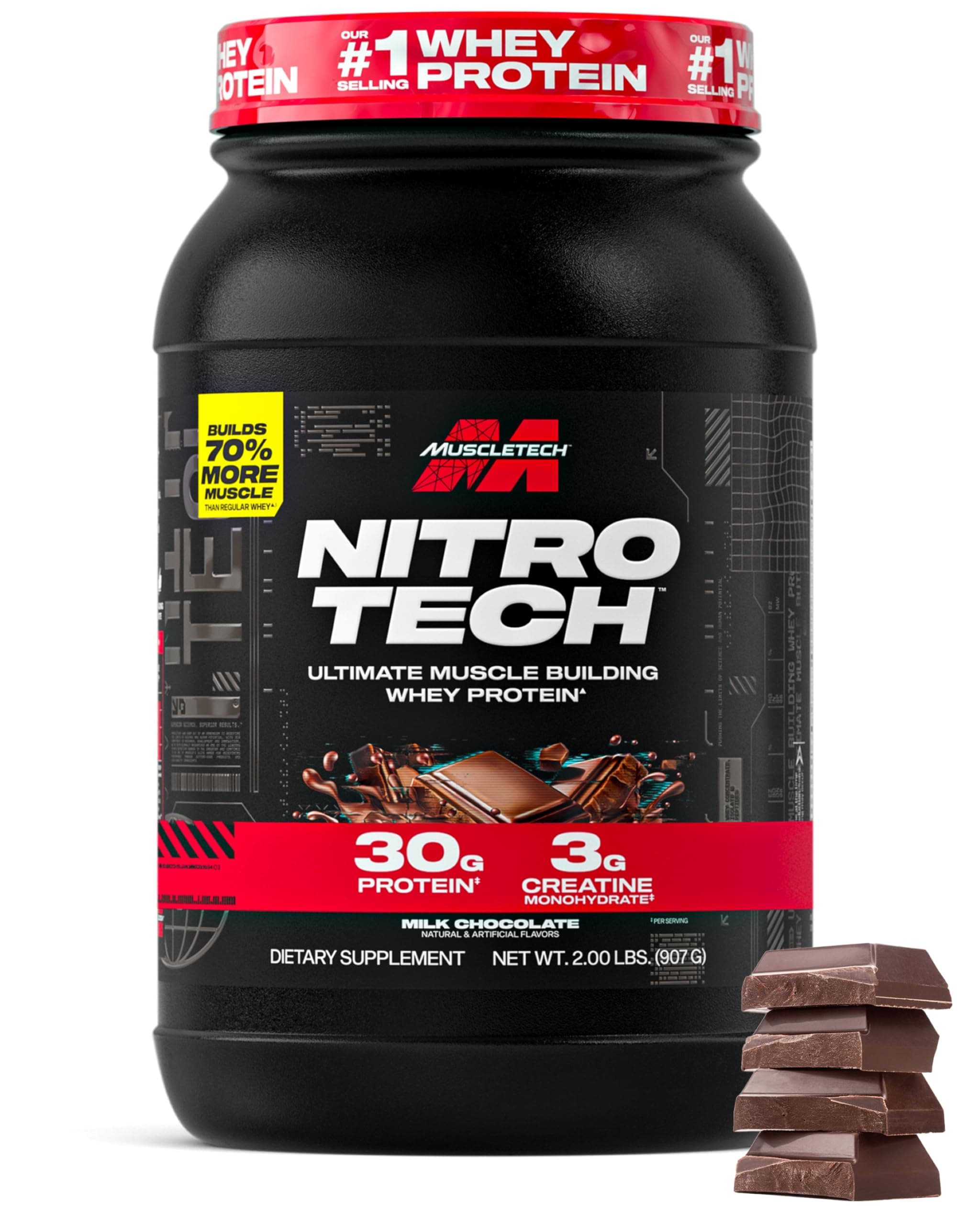 Nitro-Tech | Whey Protein Isolate & Peptides for Men and Women | 30g of Protein & 3g of Creatine | Muscle Building & Faster Recovery | Milk Chocolate | 998 grams | 20 servings