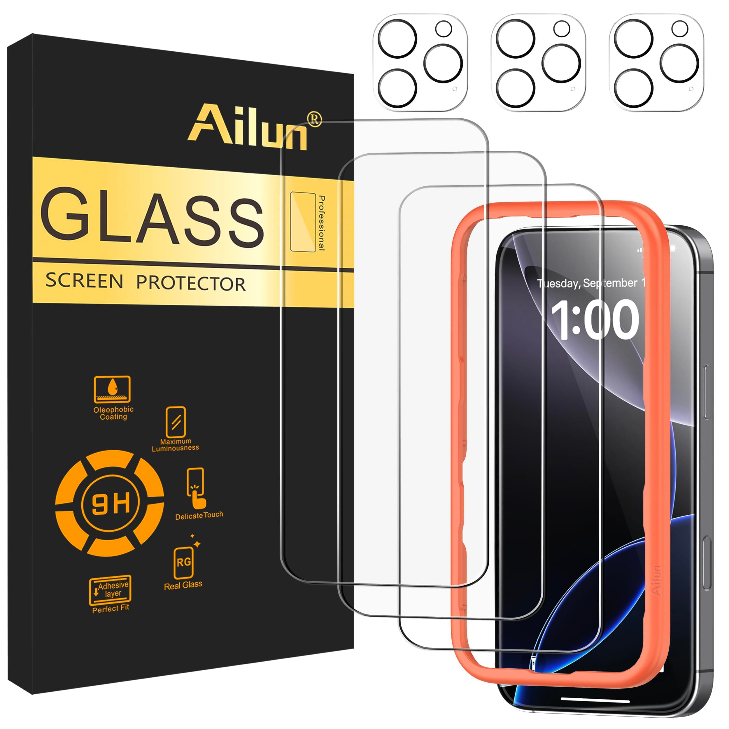 iPhone 16 Pro Max Screen Protector, Ailun 3 Pack [6.9 inch] + Camera Lens Protector with Mounting Frame Sensor Protection Compatible with Dynamic Island Case Friendly Tempered Glass Film