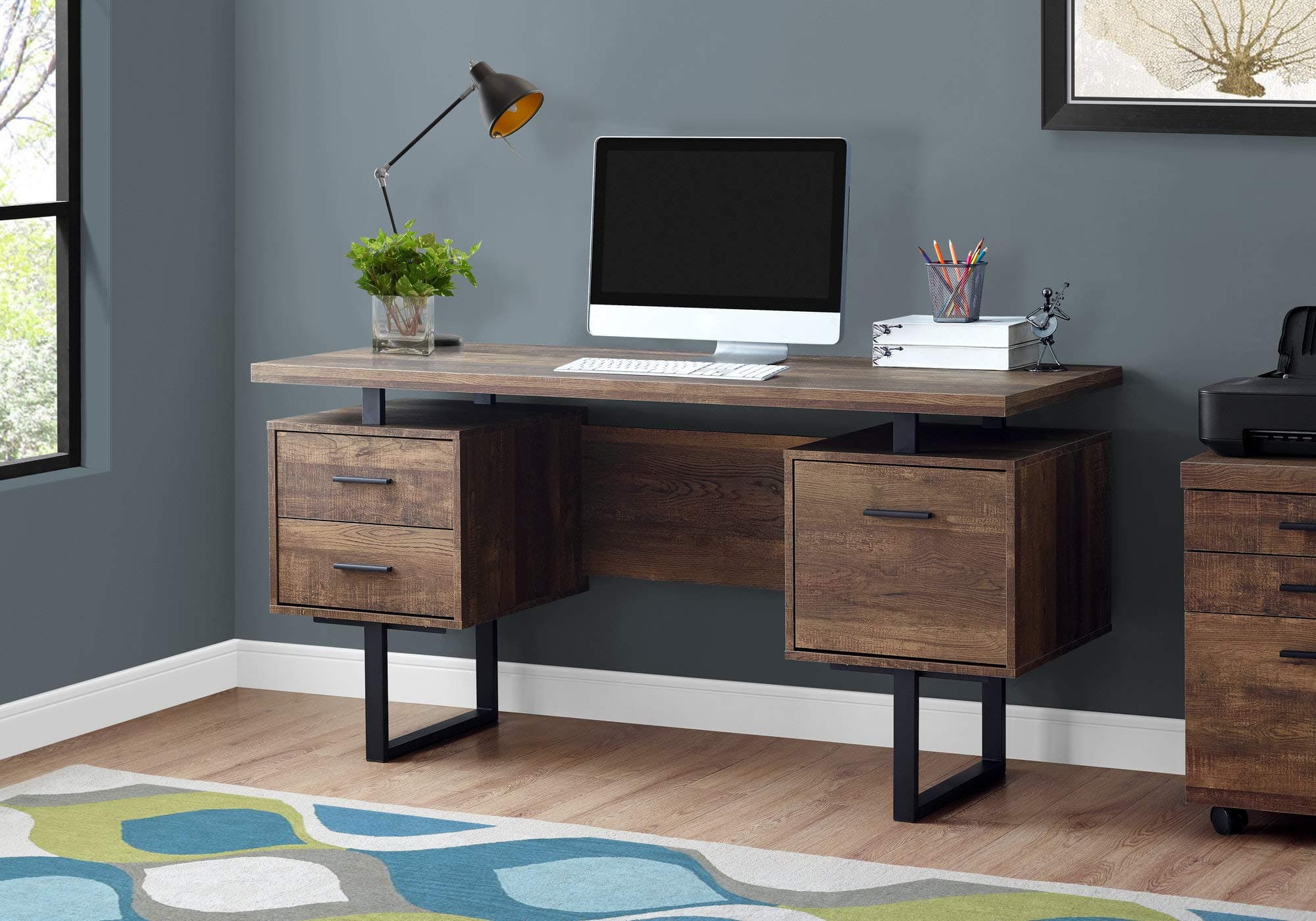 Computer Desk with Drawers - Contemporary Style - Home & Office Computer Desk with Metal Legs - 60"L (Brown Reclaimed Wood Look)