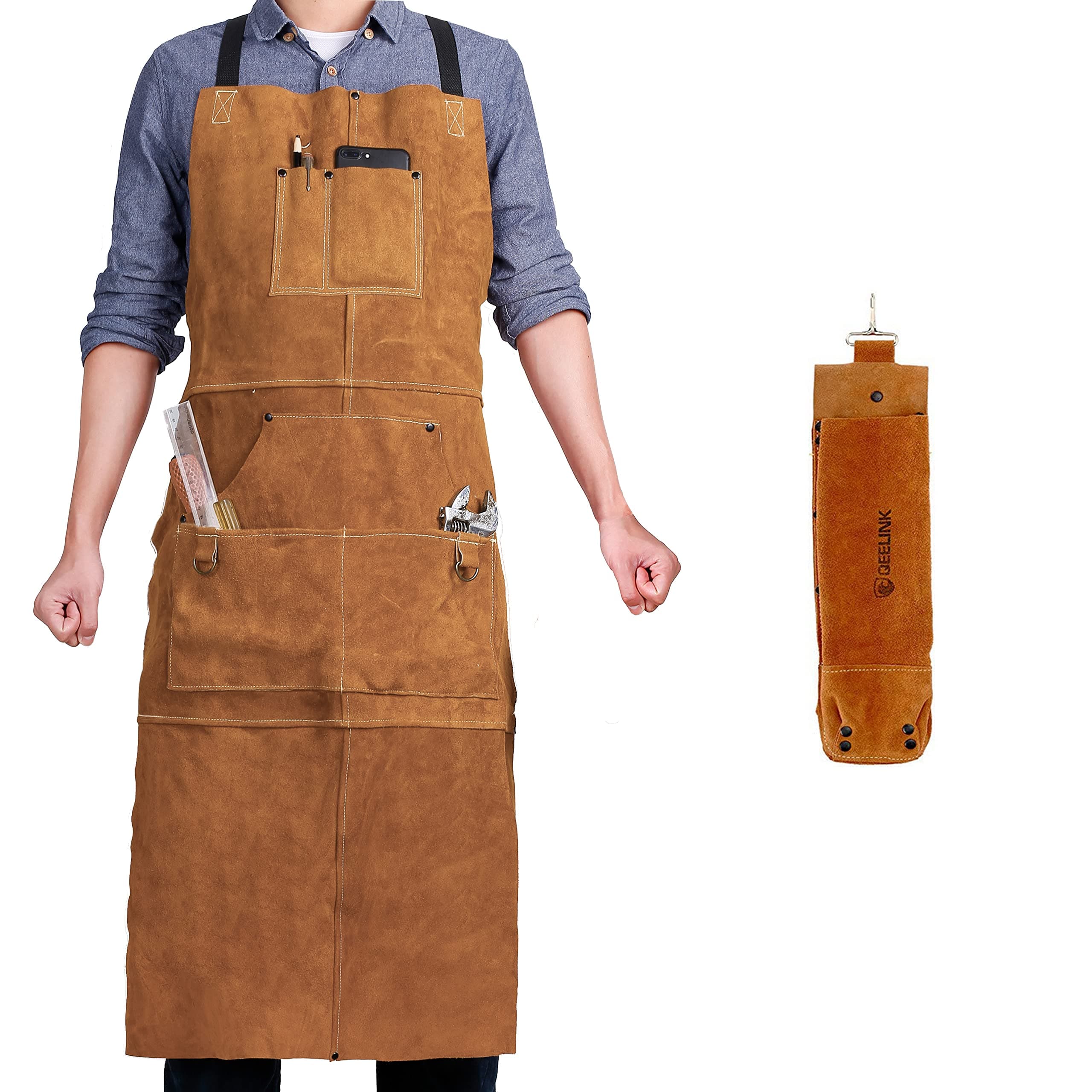 QeeLink Leather Welding Work Apron with 6 Tool Pockets, Heat & Flame Resistant Welder Aprons, 24" x 36", Adjustable M to XXXL