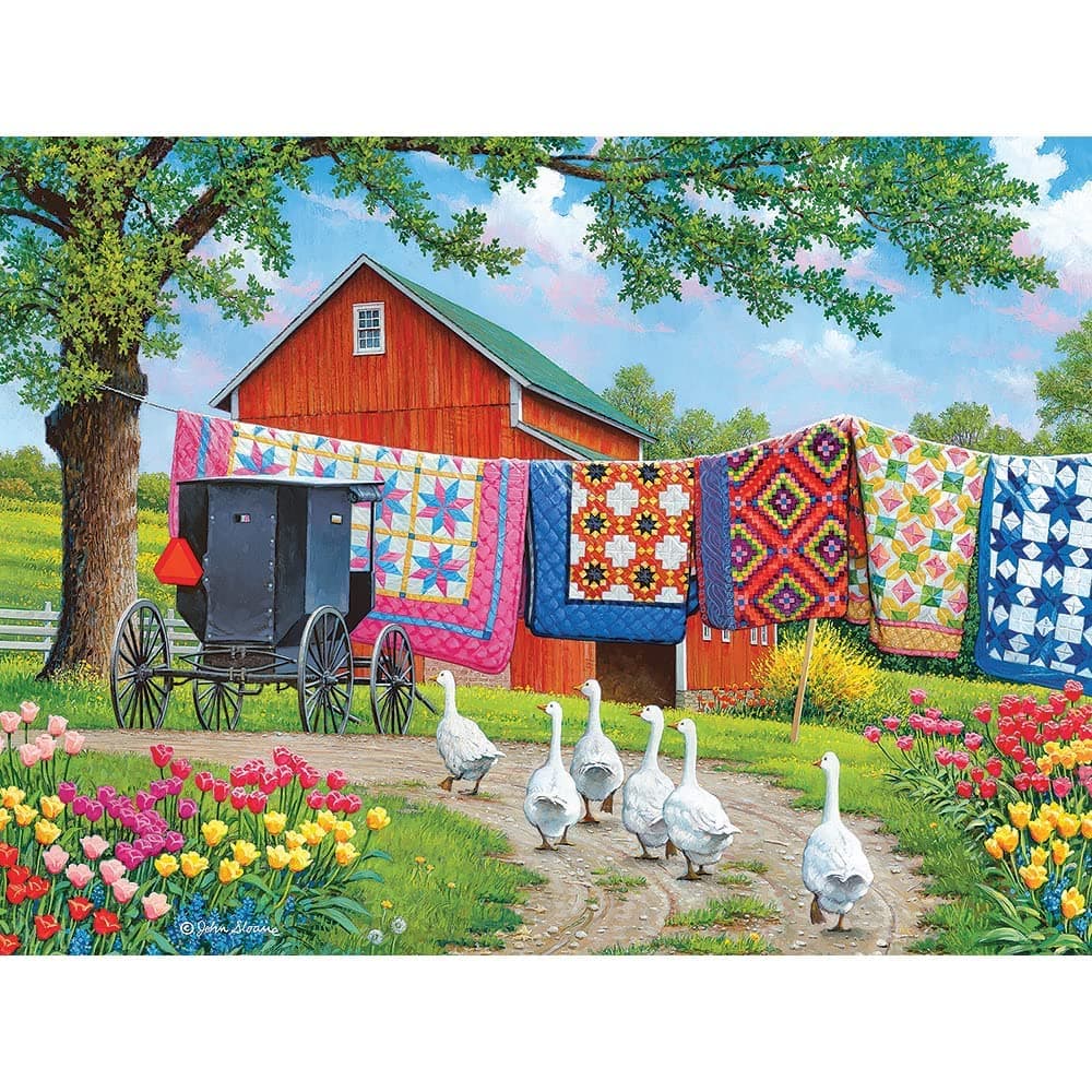 Bits and Pieces – 500 Piece Jigsaw Puzzle for Adults – Plain and Fancy - Geese Farm Quilt Laundry Car Jigsaw Puzzle by Artist John Sloane, Completed Puzzle Size: 18" x 24"