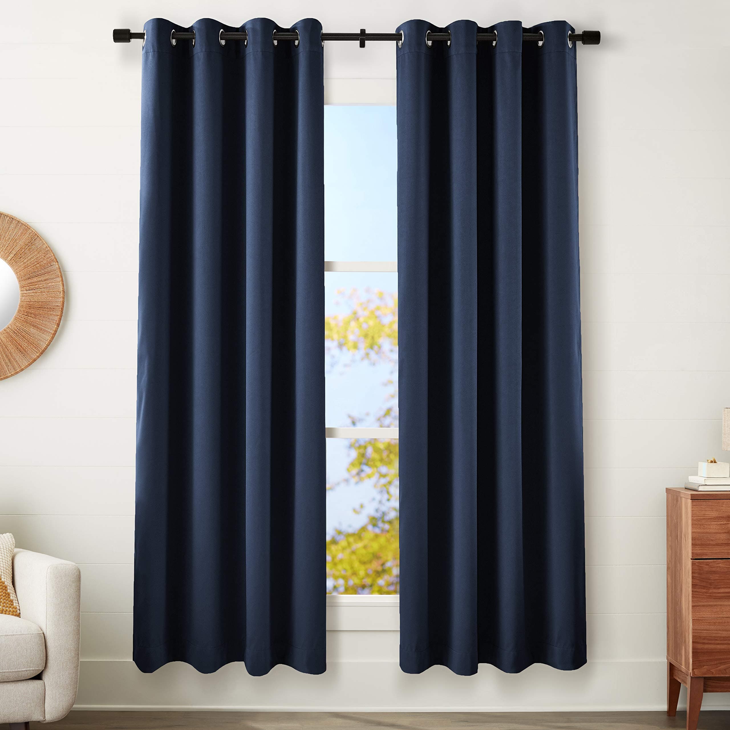 AmazonBasics 99% Room Darkening Theatre Grade Heavyweight Window Panel with Grommets and Thermal Insulated, Noise Reducing Liner - 52" x 84", Navy Blue