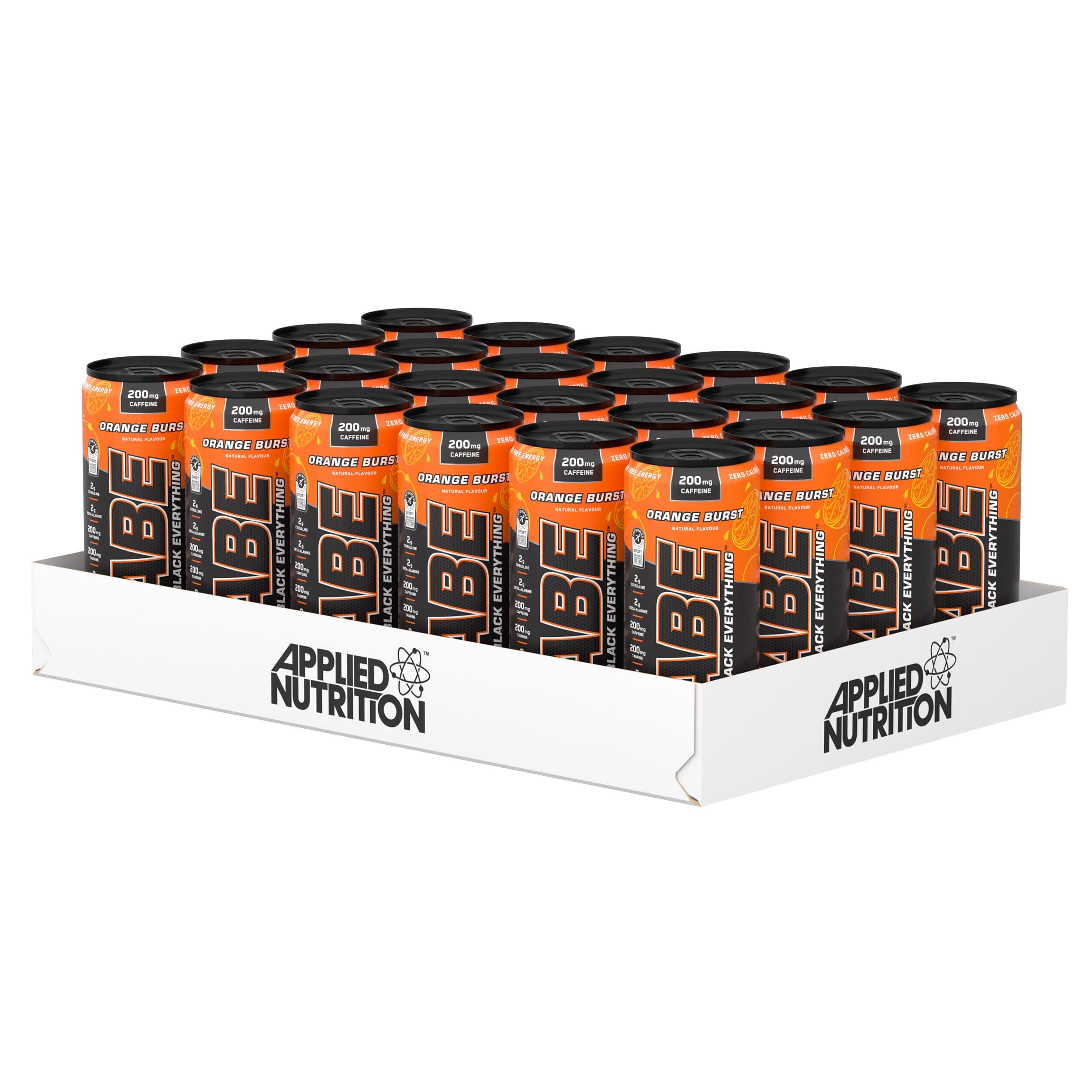 ABE Pre Workout Cans - All Black Everything Energy + Performance Drink, ABE Carbonated Beverage Sugar Free with Caffeine (Pack of 24 Cans x 330ml) (Orange Burst)