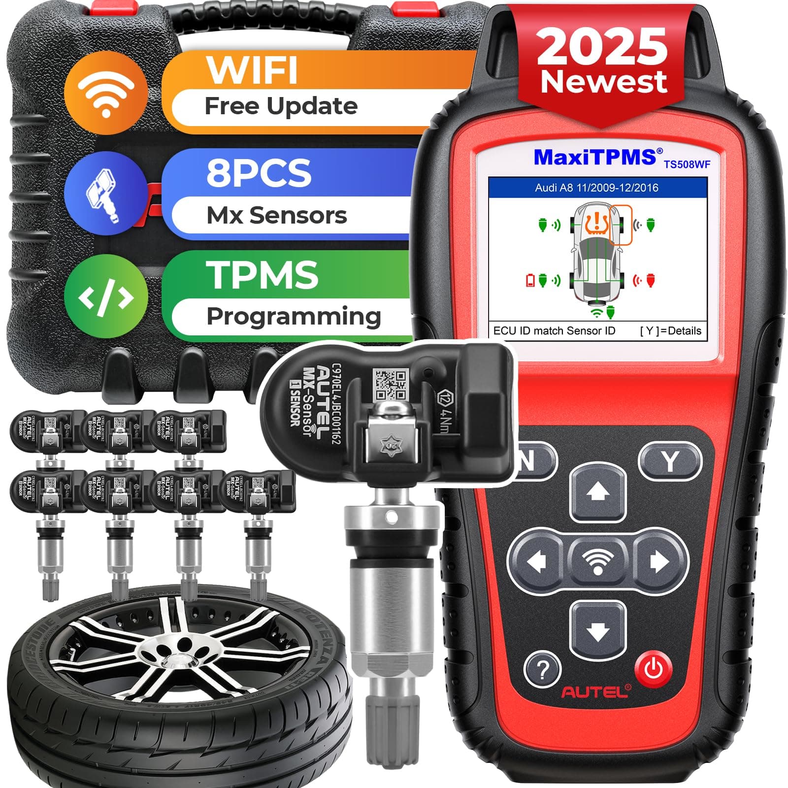 AutelMaxiTPMS TS508WF KIT TPMS Tool, 2024 New WiFi Version of TS508K/TS508/TS501/TS408, TPMS Programming Tool with 8PCS 315+433Mhz Metal MX-Sensors, TPMS Relearn, Enable, Diagnostic