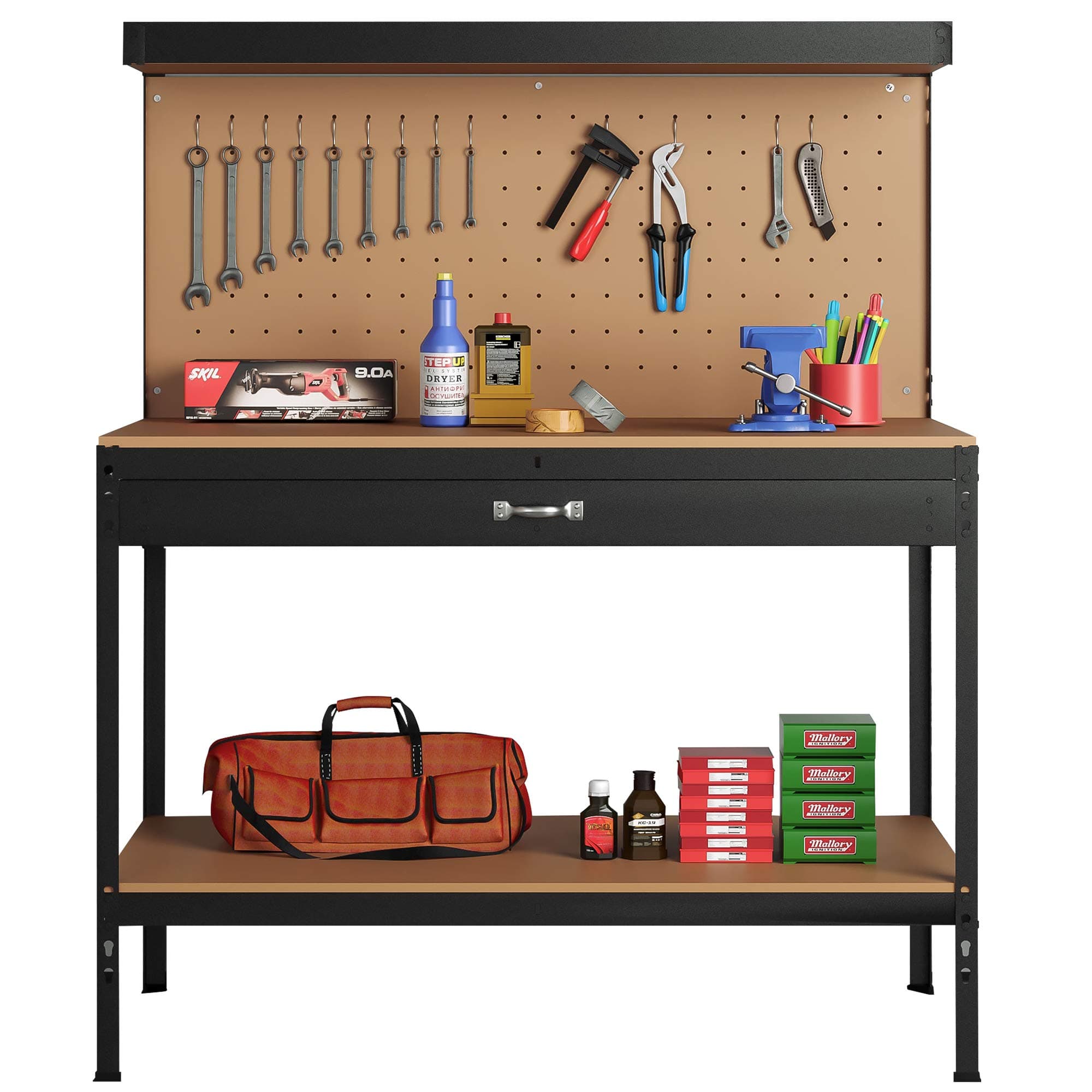 Steel Garage Work Bench Workbench Storage With Drawers Pegboard and 12 Pegs Tool Box Shelf Boltless DIY Workshop Station For Sheds Heavy Duty 500kg Capacity, Black
