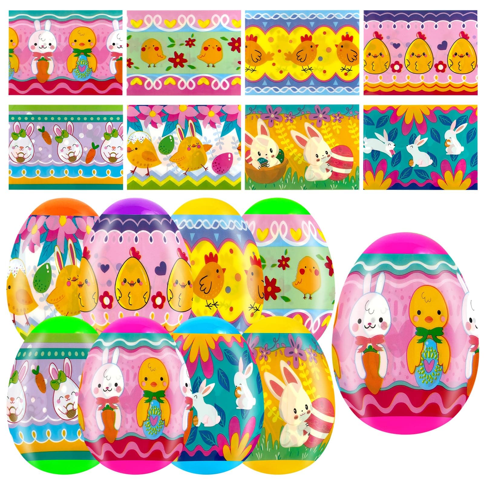 Wittocs 50 Pcs Easter Egg Wrapper Luminous Film Shrink Wraps for 2.4in Easter Egg Arounds Cute Chicken Bunny Sleeves Decorations