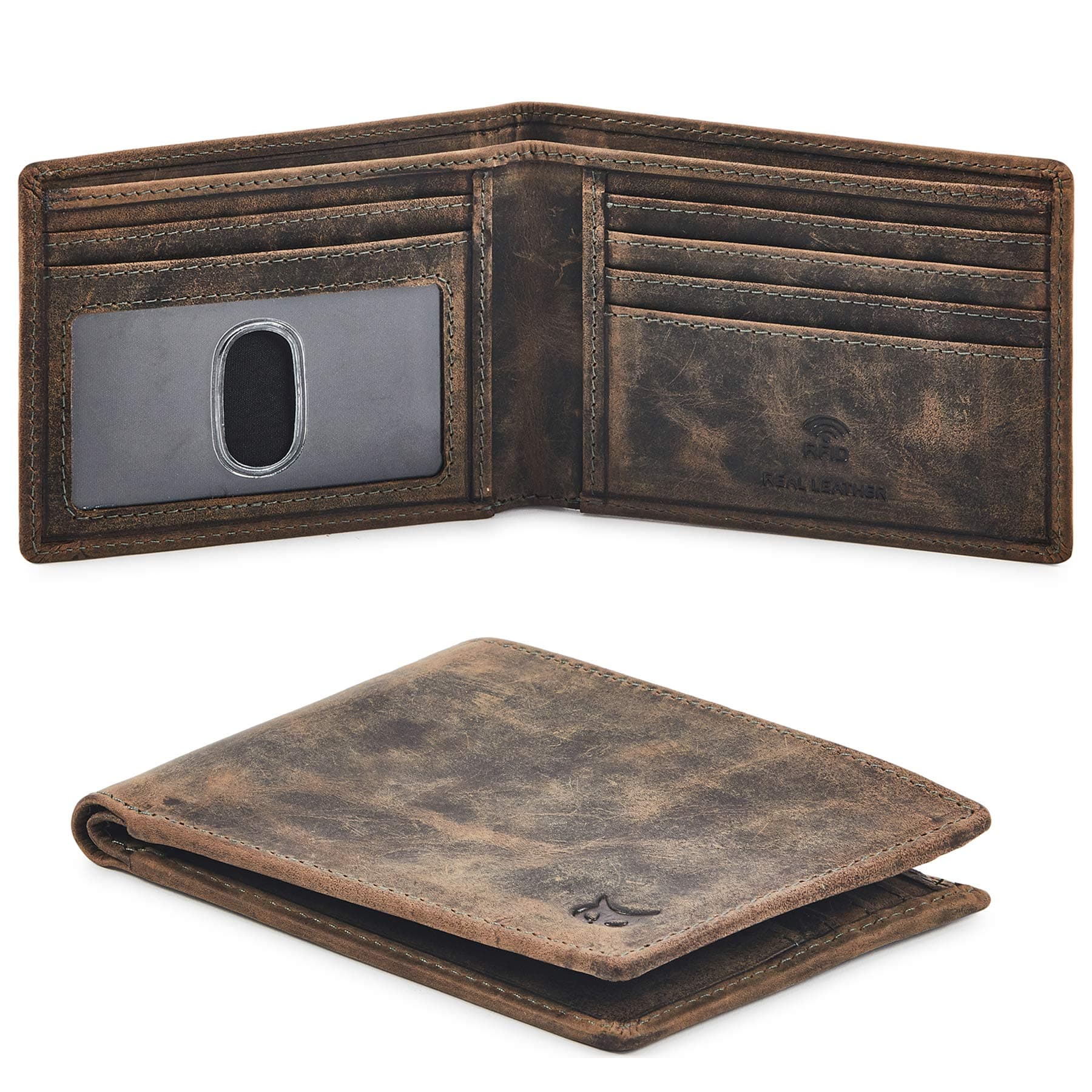 Real Leather Mens Bifold Wallet RFID Blocking Slim Minimalist Front Pocket - Thin & Stylish with ID Window in Gift Box, Crazy Horse Moss, 4" x 3.25" x 0.75", Minimalist