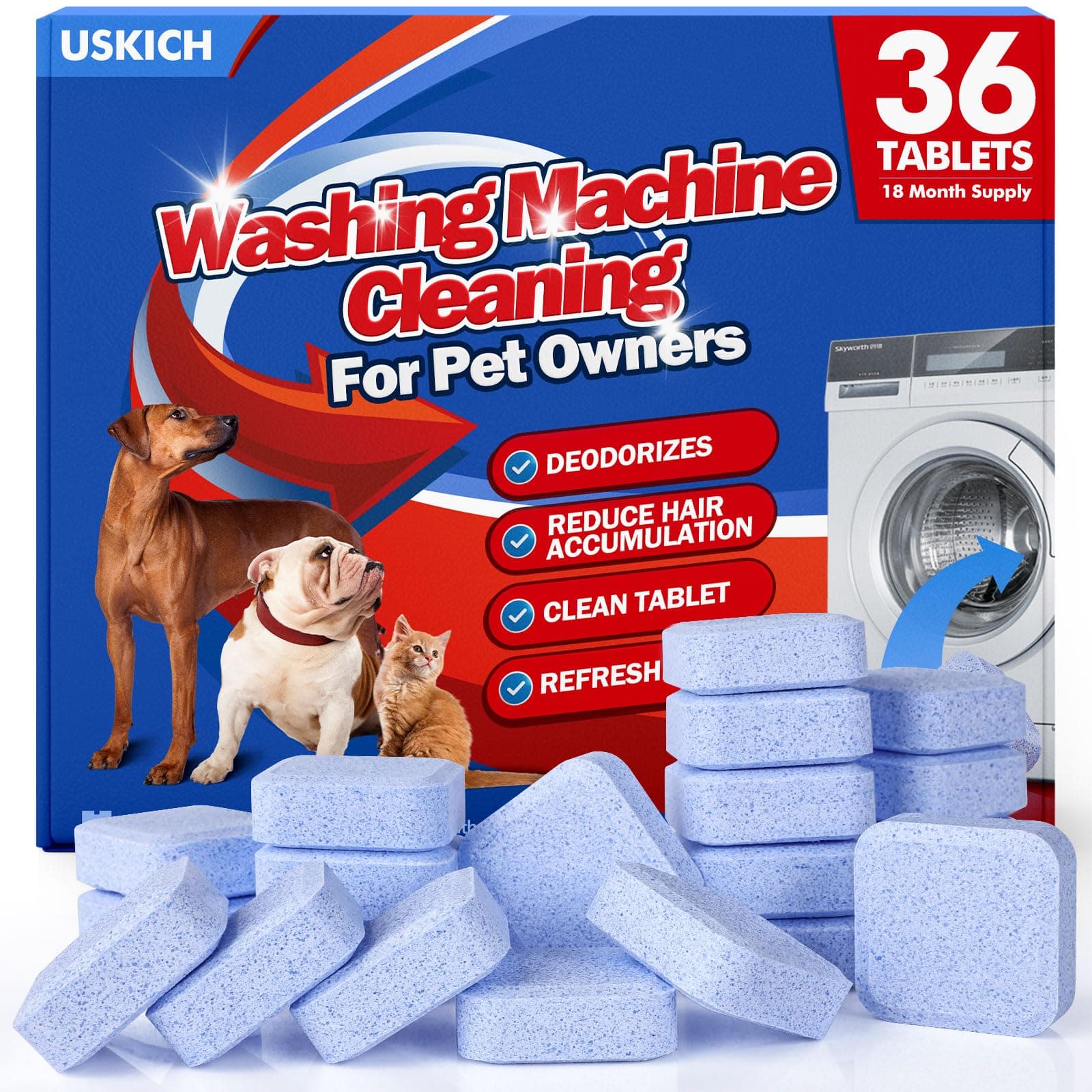 36 Pack Washing Machine Cleaner Tablets For Pet Owners,Washer Machine Cleaner Remove Stubborn Pet Hair, Eliminates Smells,Compatible with HE, Top & Front Load Washer