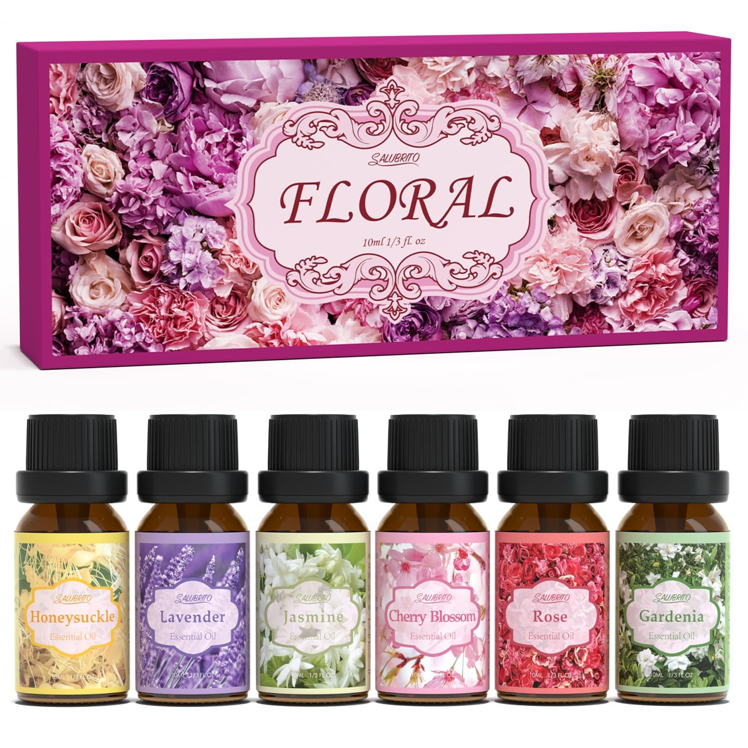 SALUBRITO Floral Fragrance Oils Set, Essential Oils for Diffuser & Candle Making Scents, 6x10ml Aromatherapy Oils Gift Set - Jasmine, Lavender, Rose, Gardenia, Cherry Blossom, Honeysuckle Oil