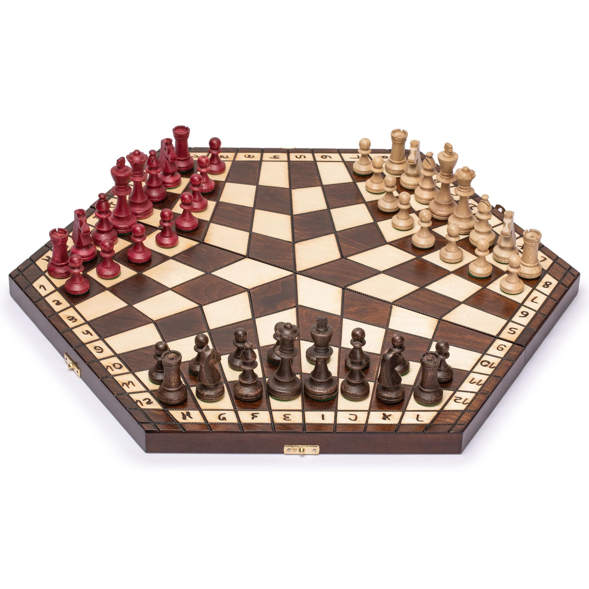 Husaria Wooden Three-Player Chess Game Set - 54 centimeter - with Foldable Board, Handcrafted Playing Pieces, and Felt-Lined Storage