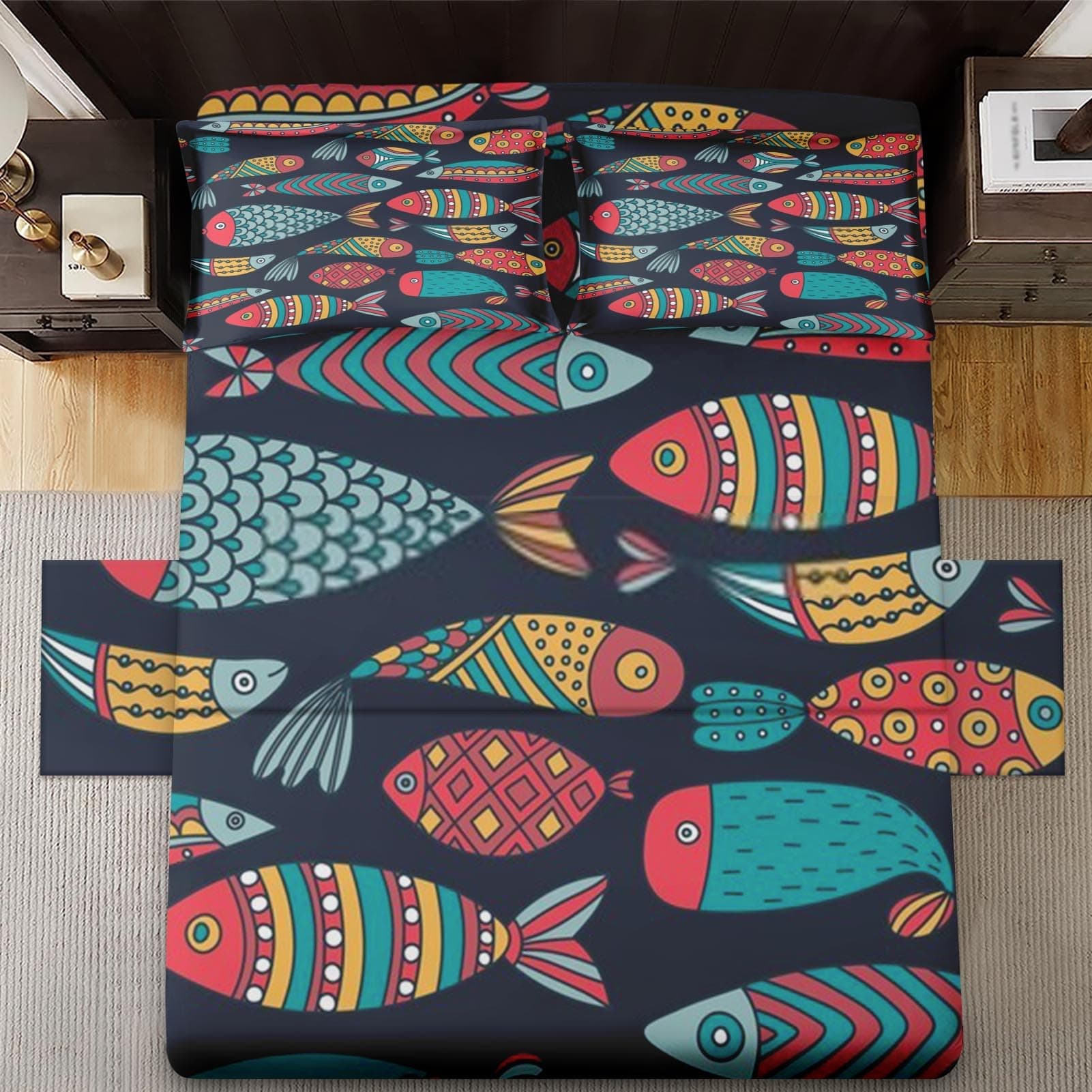 4 Pcs Fitted Sheet Set Queen Size with 16" Deep Pocket, World Colorful Fish Bedding Set with Pillowcases for Kids and Adults, Sea Nautical Underwater Flat Bed Sheet Set