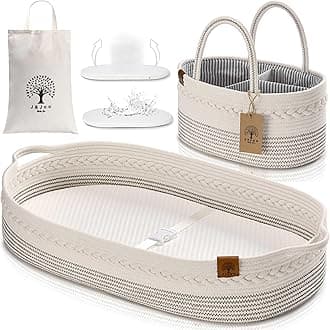 Baby Changing Basket Includes Diaper Caddy - Soft & Waterproof Dual-Cover, Portable, Changing Pad for Dresser & Changing Table, Gift for Baby Shower, Organic Cotton Rope