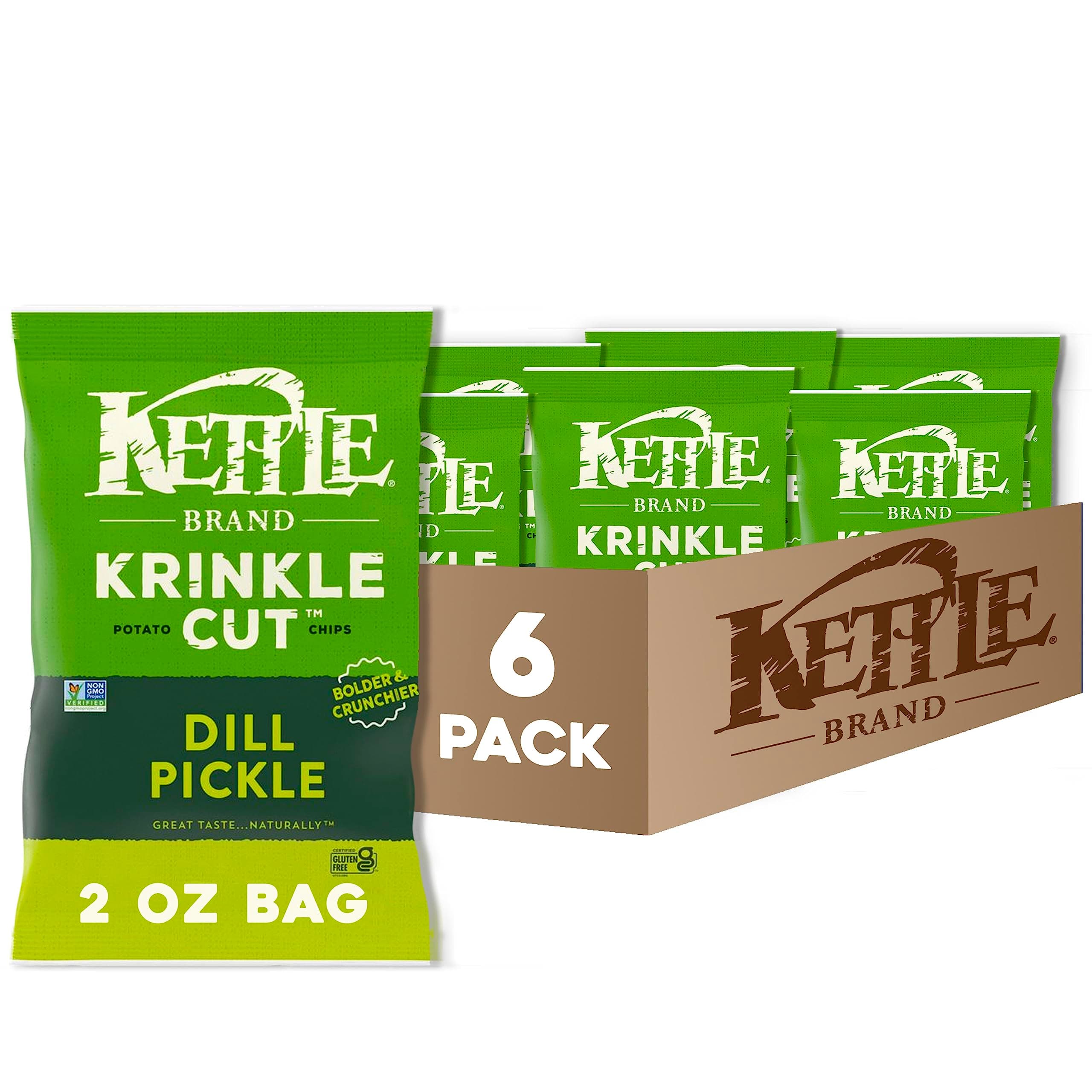 Potato Chips, Krinkle Cut, Dill Pickle Kettle Chips, Snack Bag 2 Oz (Pack of 6)