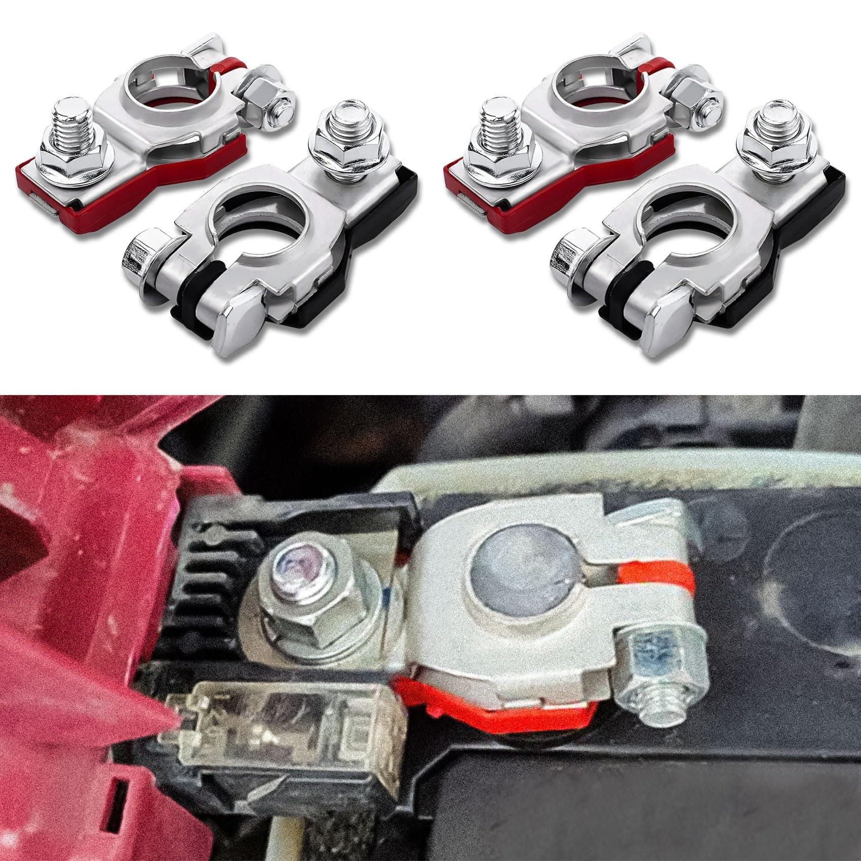 4PCS Battery Terminal Connector, Positive & Negative Auto Battery Cable Terminal Top Post With Plastic Bottoms, Top Post Batteries Connectors Compatible with Cars, Vans, Trucks and More (4PCS)