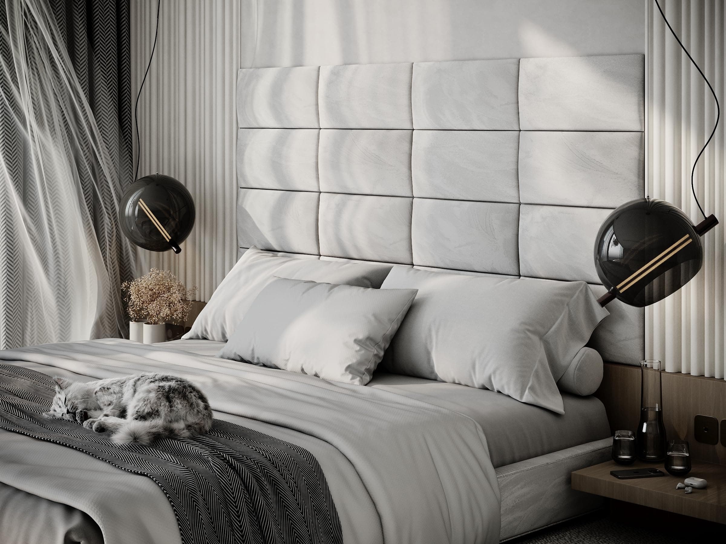 2 Pack — Upholstered Decorative Wall Panels Velvet Headboard Padding | Cushioned Planks | Padded Decor Collision Avoidance | Acoustic Soundproofing Treatment | (White, 2x Rectangle (25x50cm))