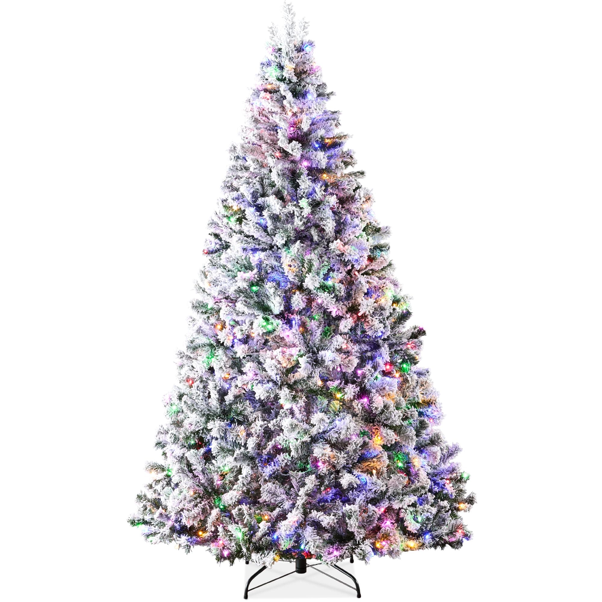Best Choice Products Pre-Lit Artificial Christmas Tree 9ft Snow Flocked Pine Tree, 2-in-1 White and Multicolor LED Lights, Full Snowy Appearance