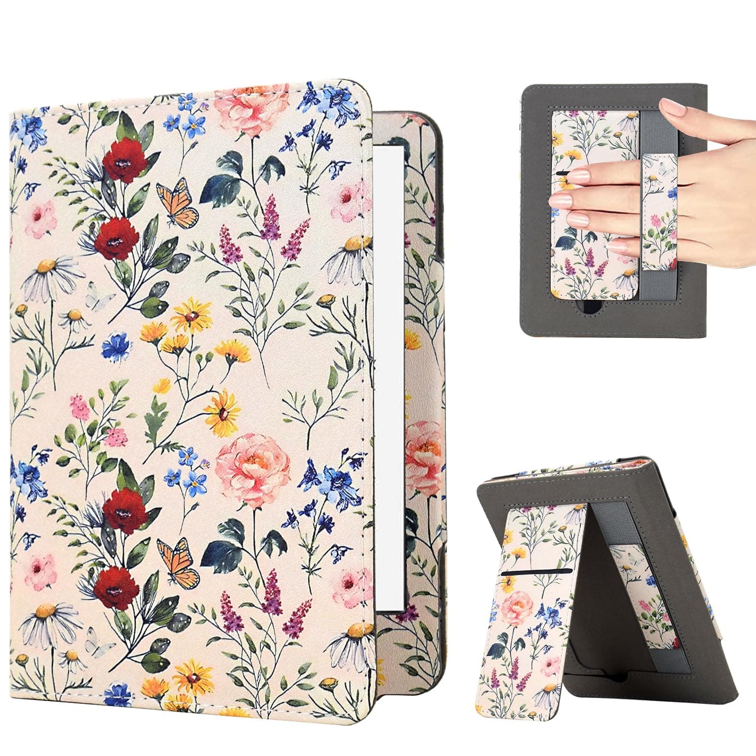 KEROM Case for 6" Kindle Paperwhite (10th/7th/6th/5th Generation, 2012-2018 Release), Premium PU Leather Cute Cover Case with Foldable Stand, Hand Strap, Card Slot, Auto Sleep/Wake, Colorful Blossoms