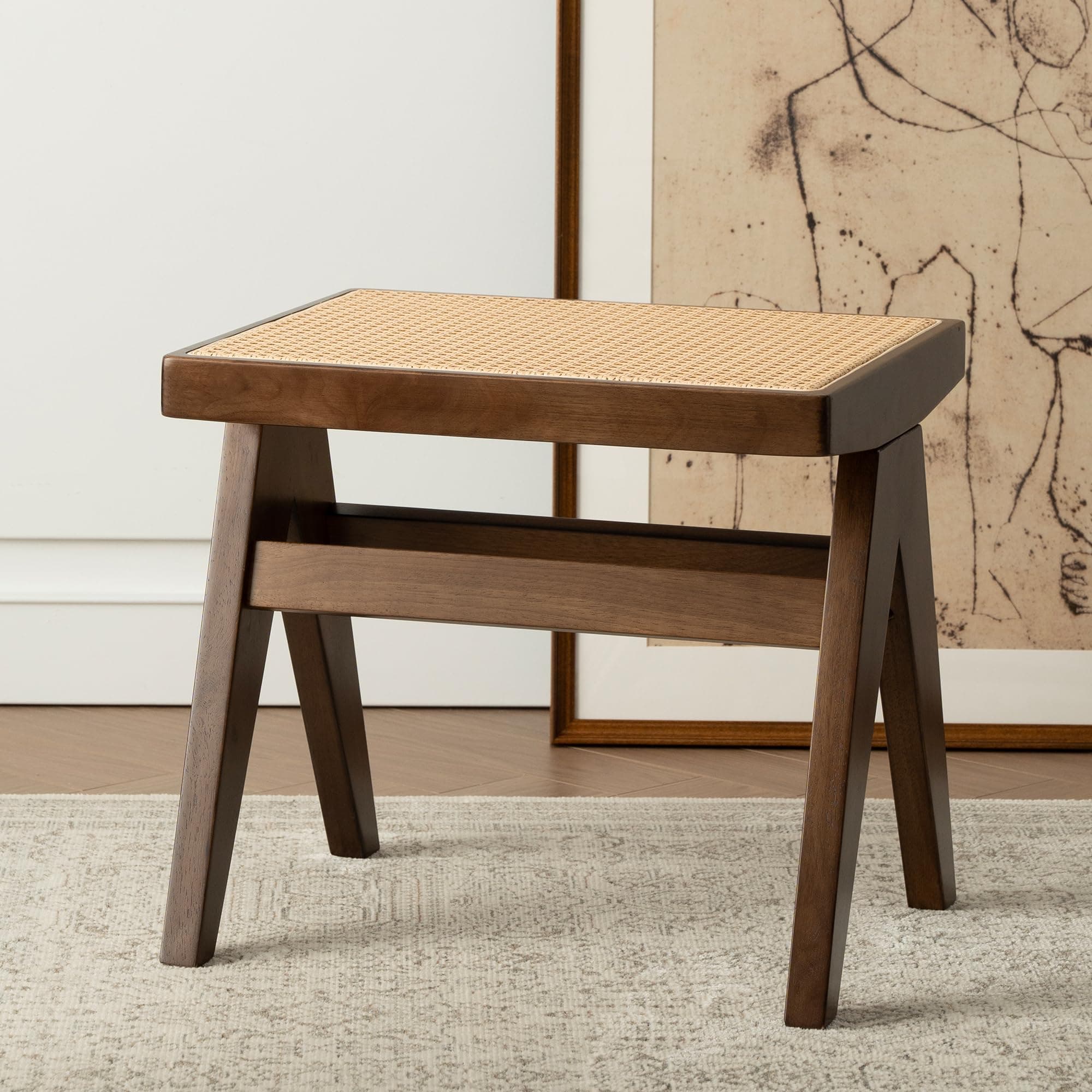 Rattan Ottoman Stool,Boho Vanity Stools,18" High Wood Vanity Stool Chair, Desk Stool Makeup Chair with Rubberwood X Legs for Dining Living Room Bedroom Makeup Room Entryway,Walnut