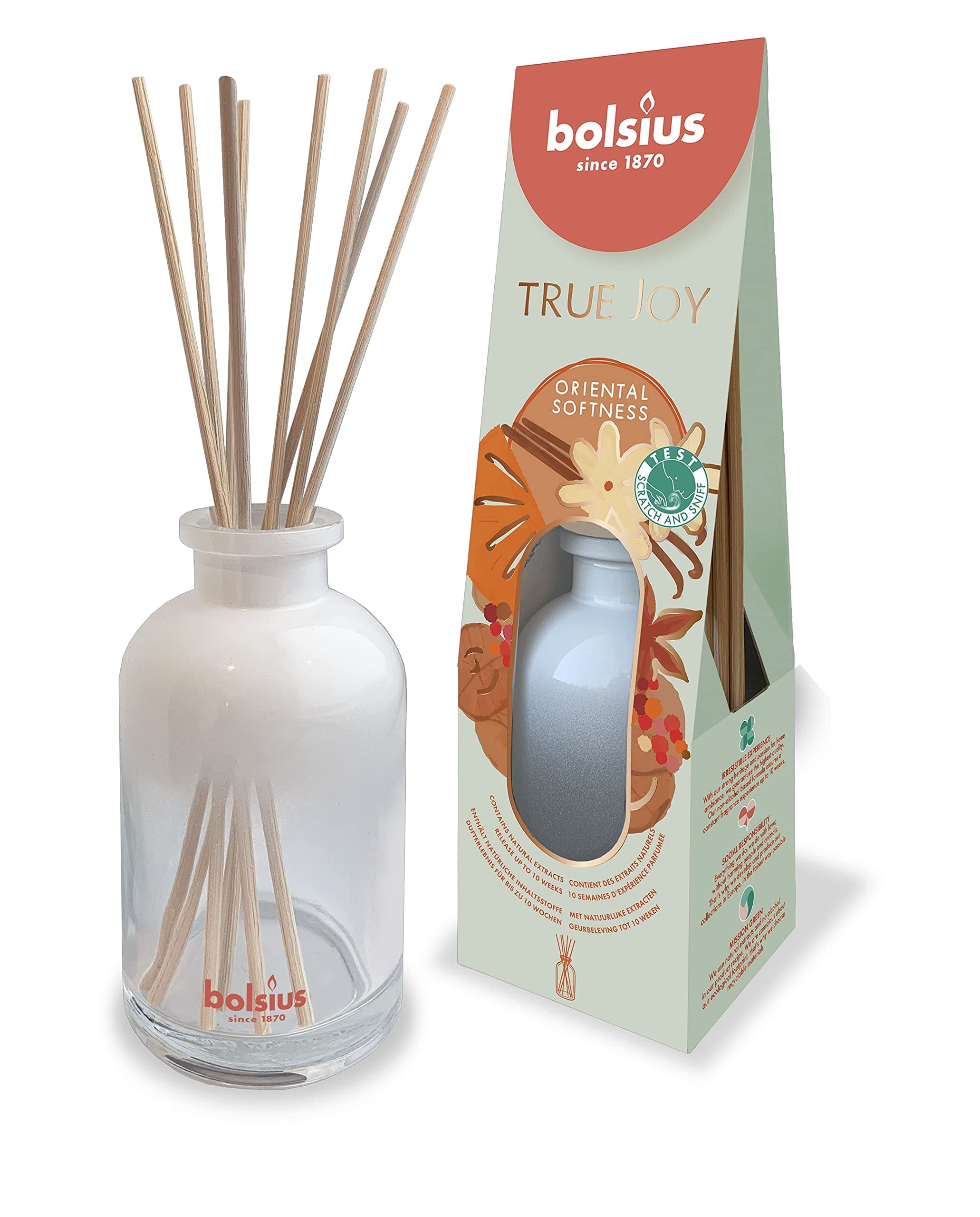 BOLSIUSReed Diffuser - True Joy - Oriental Softness - Lasts for up to 10 Weeks - Natural Extracts - No Alcohol Formula - Transparent - Recyclable Glass - 80 ml