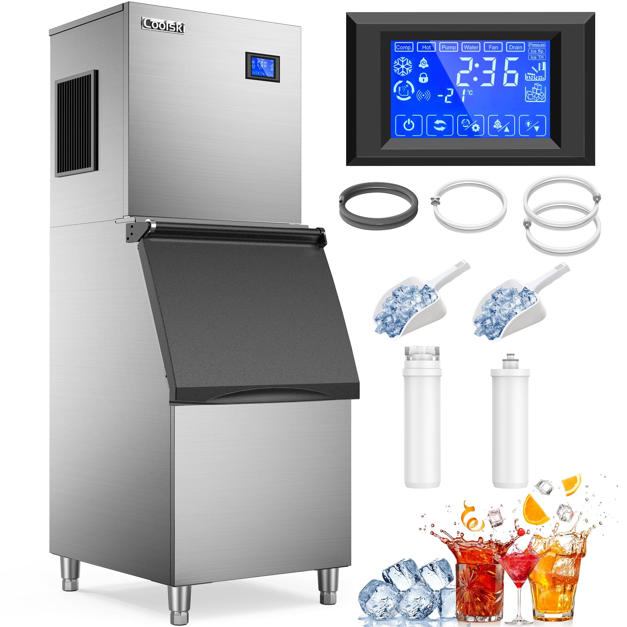 Commercial Ice Maker Machine 450LBS/24H, 22'' Wide Ice Machine with 300LBS Large Storage Bin, Clear Ice Cubes Air Cooled Stainless Steel Ice Maker for Restaurant/Bar/Cafe/Business