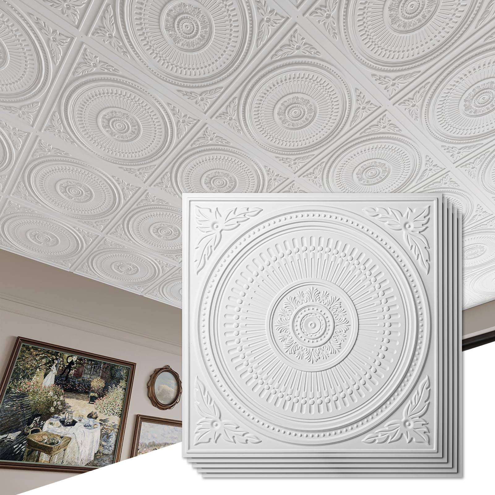 Art3d 12-Pack Drop Ceiling Tiles 2x2 FT, Decorative Easy Install PVC Ceiling Panels for Interior Kitchen Bathroom Basement, 24x24 Inch, White