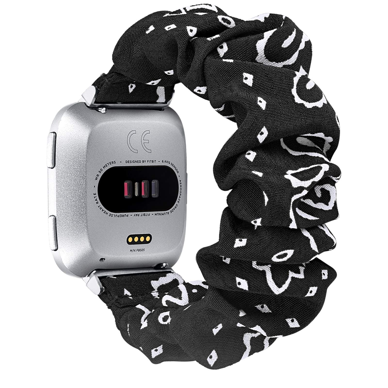 fastgo Scrunchie Bands Compatible with Fitbit Versa/Versa 2/Versa Lite Special Edition Women, Elastic Stretch Fabric Strap Replacement Pattern Printed Wristband Bracelet Accessories(Black)