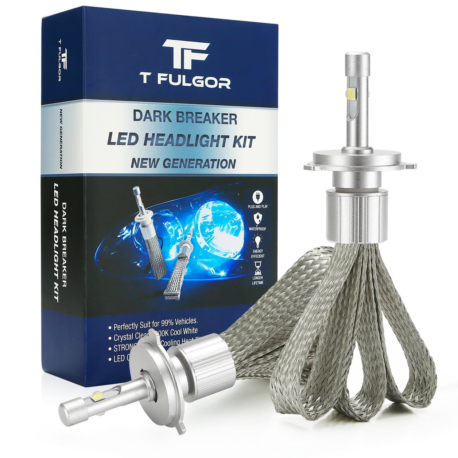 T FULGOR DarkBreaker H4 LED Headlight Bulbs Conversion Kit Purple copper braid, CREE Cool White, 40w, 10,000lm 6000K,2 year warranty，1 pair (H4)