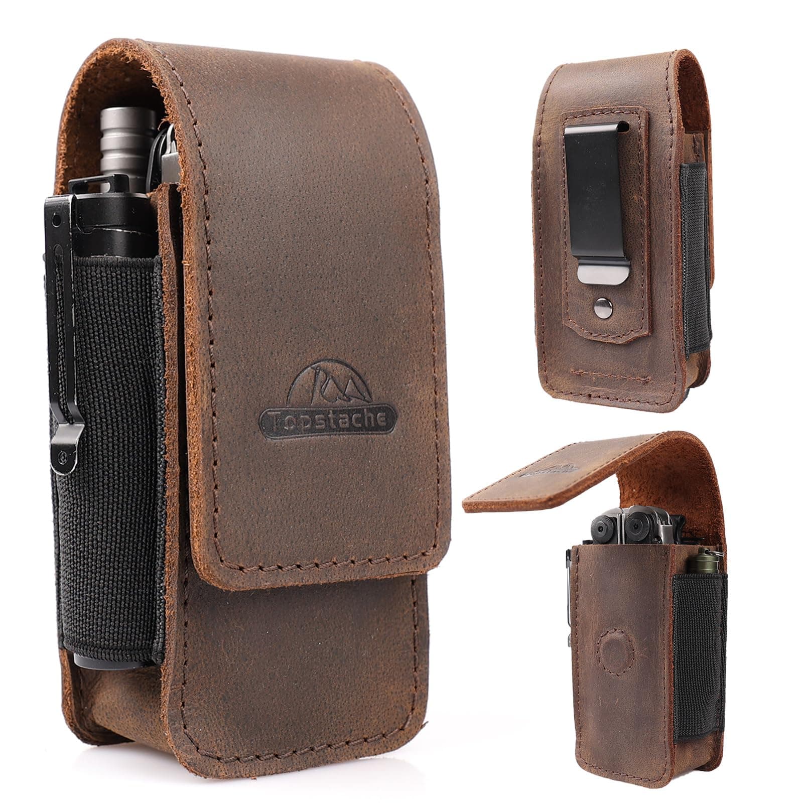 Topstache Multitool Sheath for Men - Belt Leather Multitool Holster - EDC Belt Organizer for Leatherman, Gerber - Magnetic Closure Multitool Pouch Fits Folding Tool, Darkbrown
