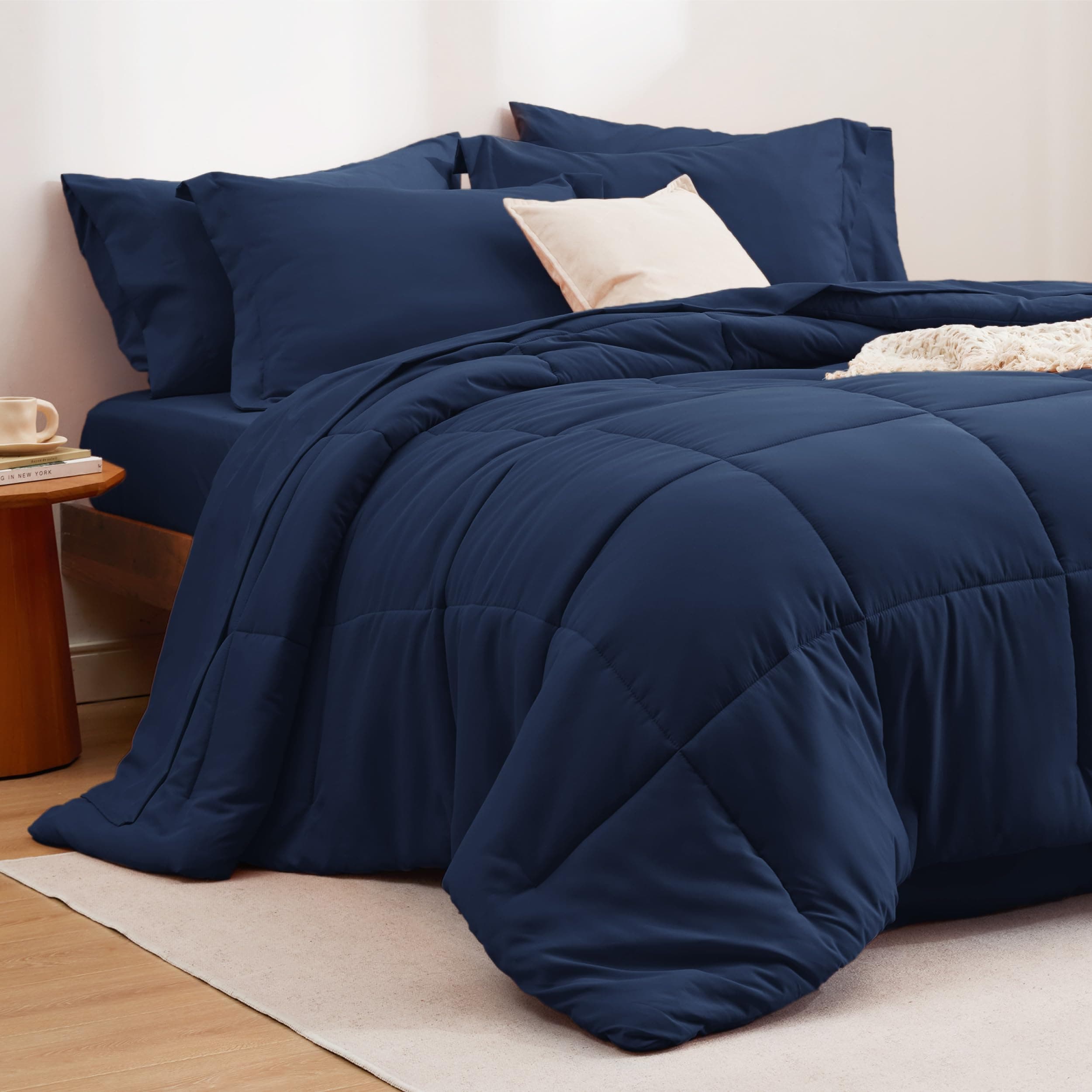 Bedsure Navy King Comforter Set - 7 Pieces Solid King Bed in a Bag, King Bed Set Navy with Comforters, Sheets, Pillowcases & Shams