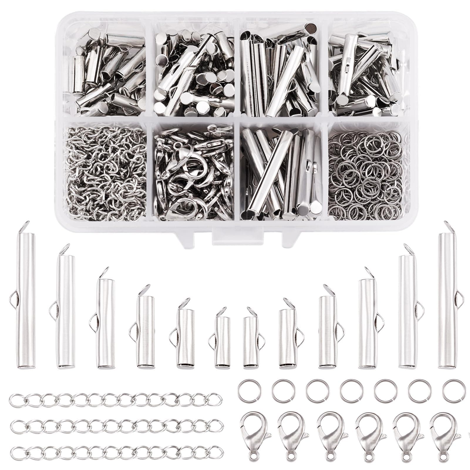 Beadthoven All 6 Size Slide On End Clasps with Extender Chains Jump Rings Lobster Clasps Cord Tube Crimp Ends Findings for Multi-Strand Necklace Bracelet Jewelry Making 10mm/13mm/16mm/20mm/25mm/30mm