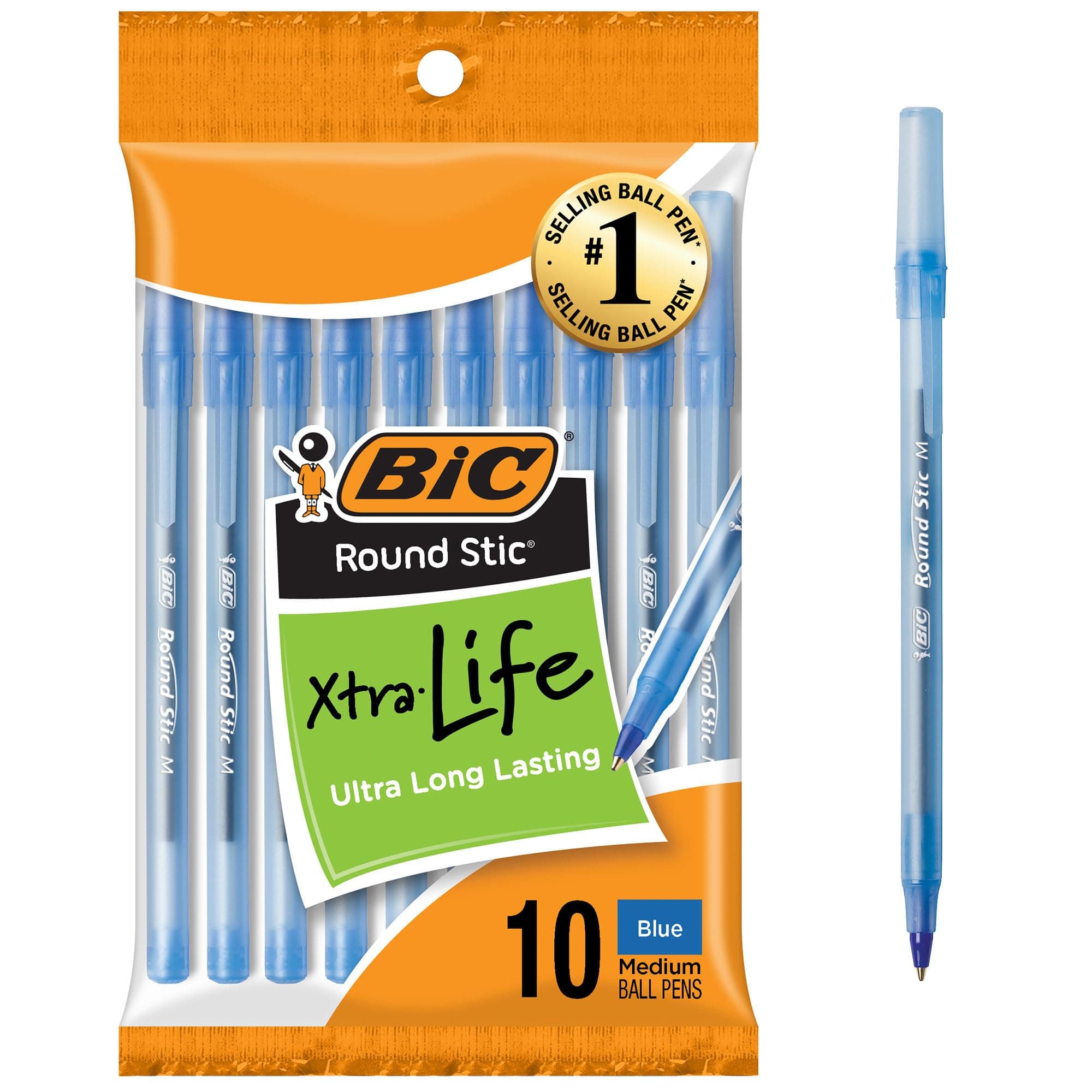 BIC Round Stic Ball Pens, Medium Point, Blue, 10-Count