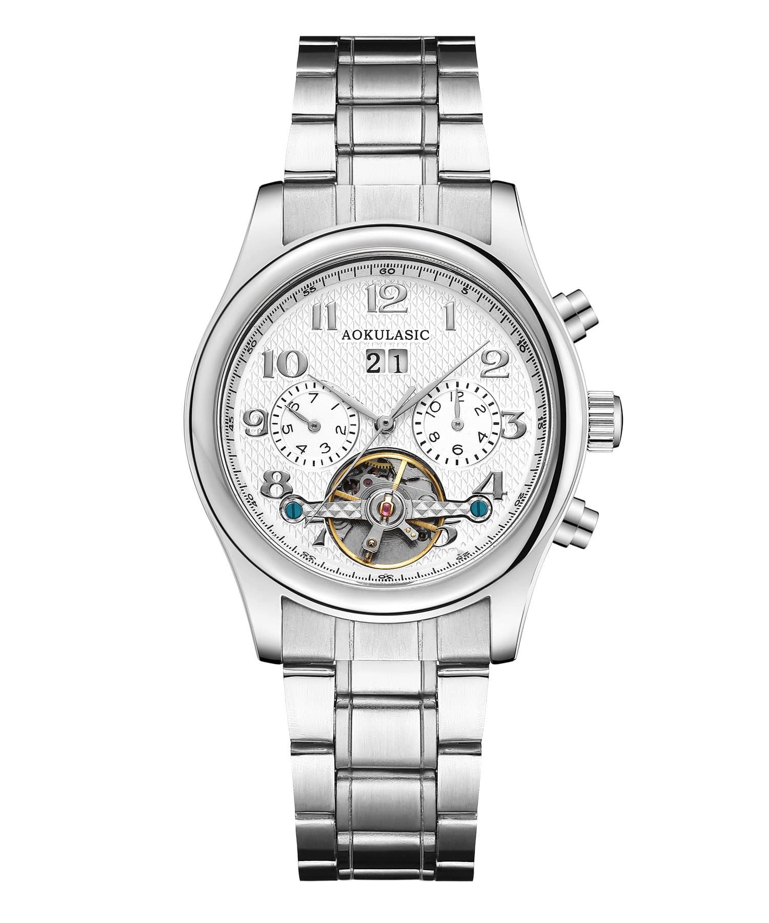 AOKULASIC Mens Automatic Mechanical Tourbillon Watch(Silver Band) Multi-Pointer 30 Meters Waterproo