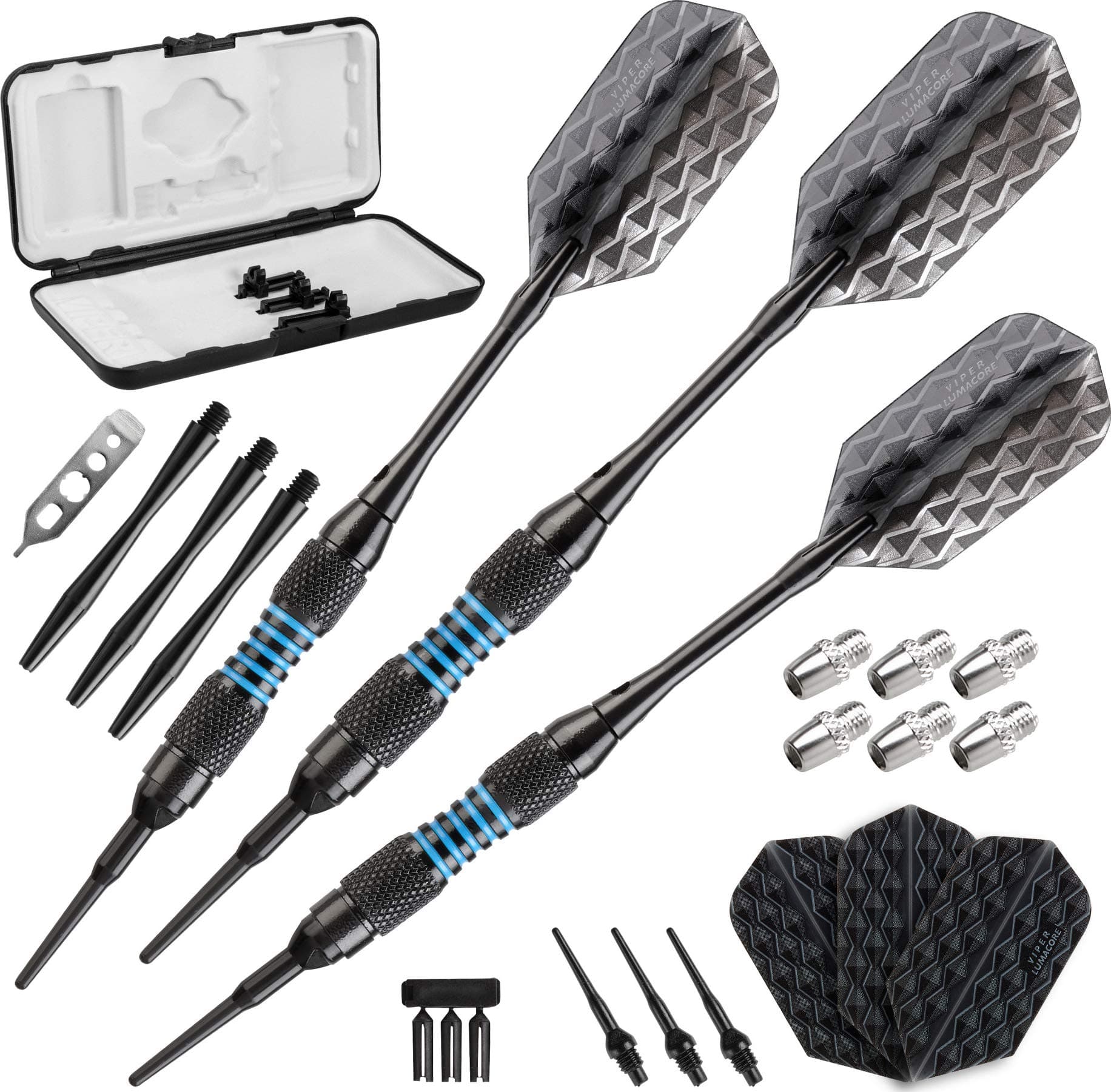 Viper by GLD Products Bobcat Adjustable Weight Soft Tip Dart Set with Case, Black Coated Brass, Blue Rings, 16-18 Grams (20-0916-16)