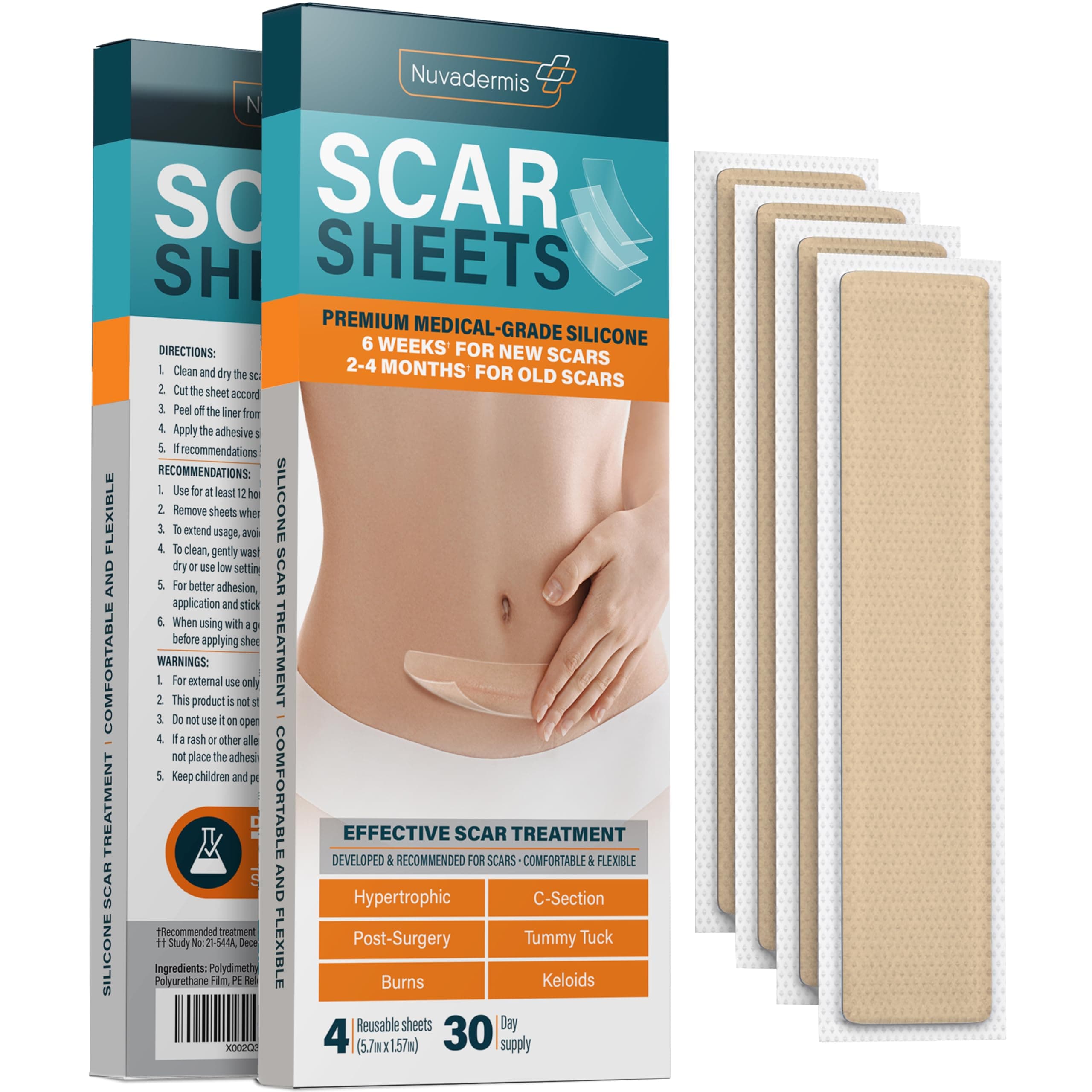 Silicone Scar Sheets - Extra Long Scar Sheets for C-Section, Tummy Tuck, Keloid, and Surgical Scars - Reusable Medical Grade Silicone Scar Sheets - Pack of 4 - Light Tone