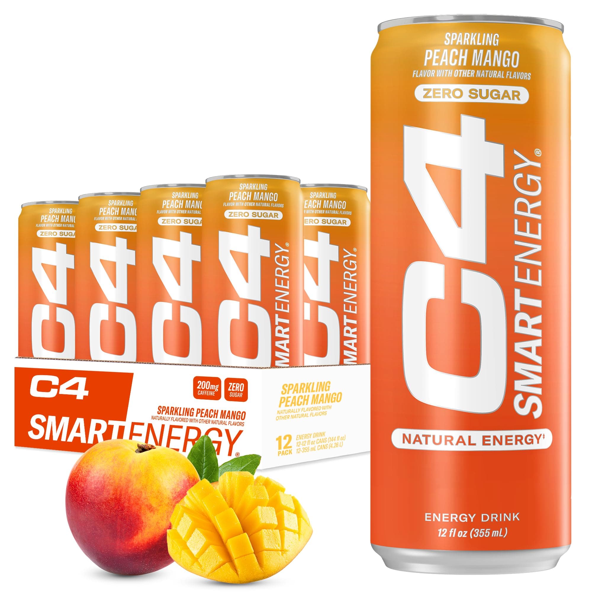 Cellucor C4 Smart Energy Drink – Boost Focus and Energy with Zero Sugar, Natural Energy, and Nootropics - 200mg Caffeine - Peach Mango - 12 FL OZ (355 ml) - Pack of 12