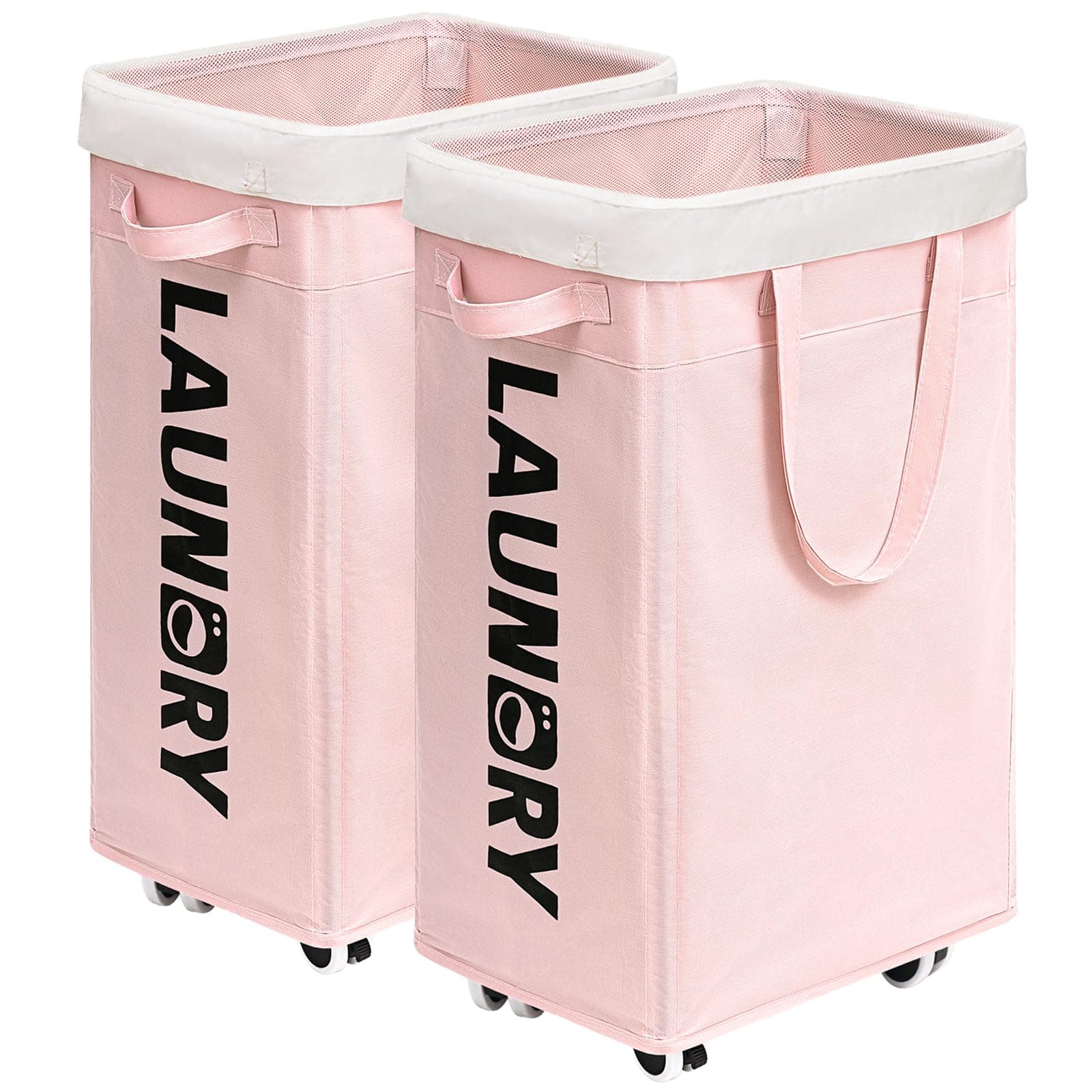 CHICVITALaundry Hamper with Wheels 2-Pack, 75L Collapsible Laundry Basket with Removable Wash Bags, Pink Laundry Hamper for Corner Dorm, Rolling Laundry Basket on Wheels