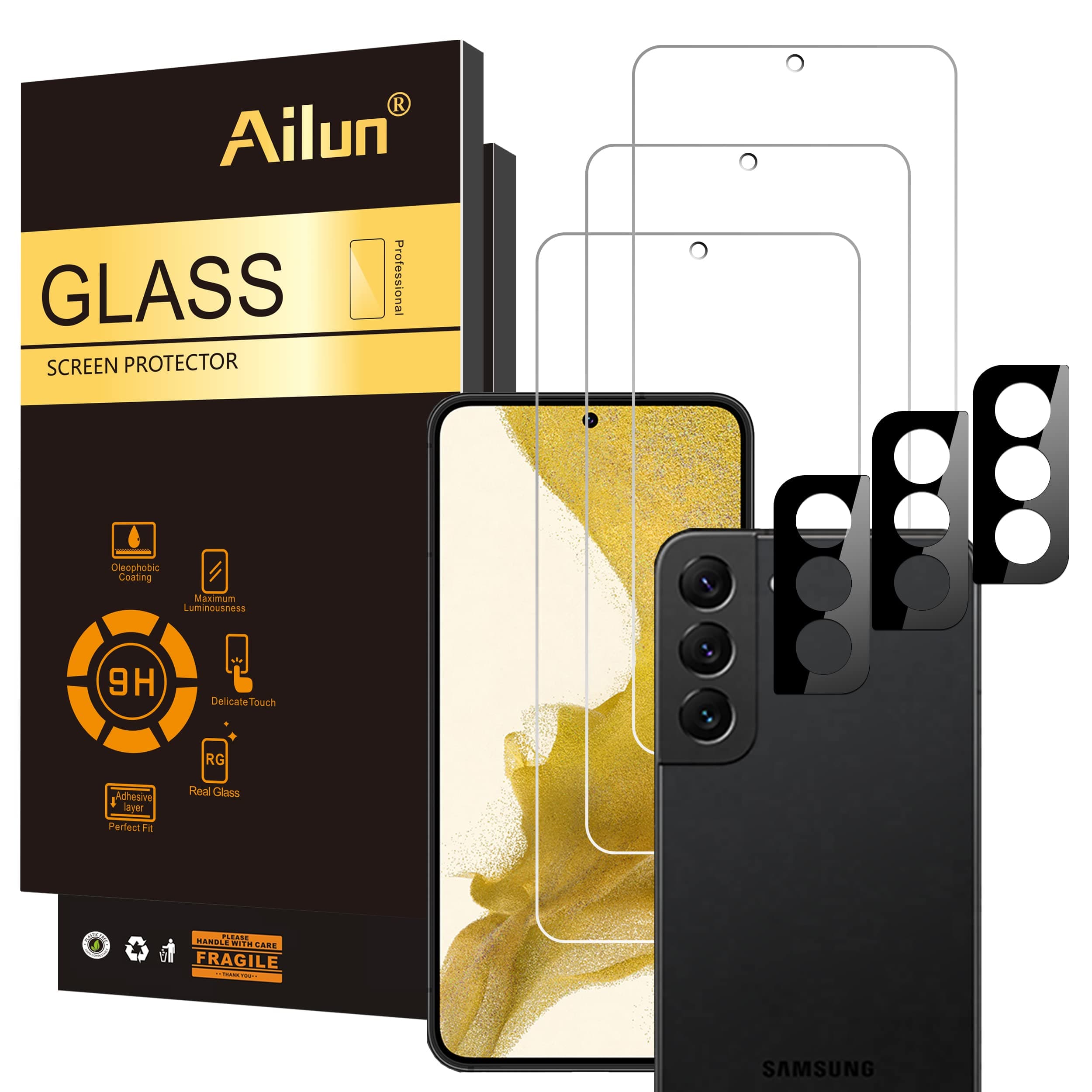 Ailun Screen Protector for Galaxy S22+/S22 Plus 5G 6.6 Inch Display 3Pack + 3Pack Camera Lens Tempered Glass Fingerprint Unlock 0.25mm Clear Anti-Scratch Case Friendly [Not For S22 Ultra]