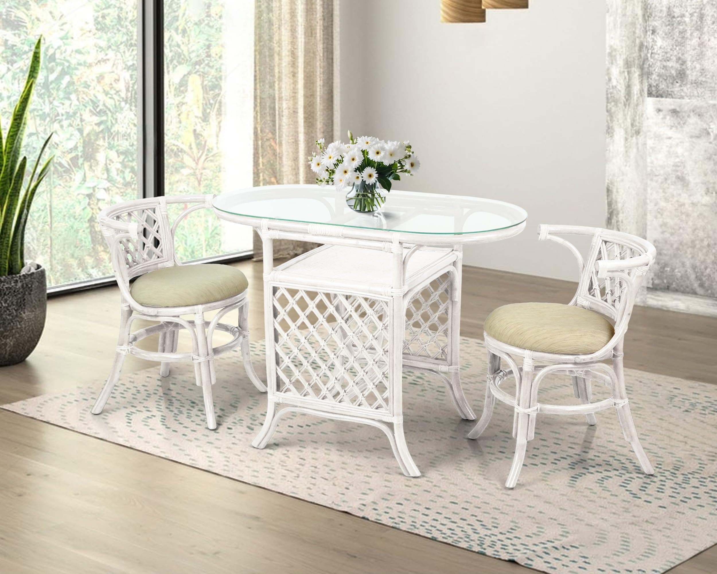 Borneo Compact Dining Set White Color, Table with Glass Top + 2 Chairs with Cream Cushions, Handmade Natural Wicker Rattan Furniture