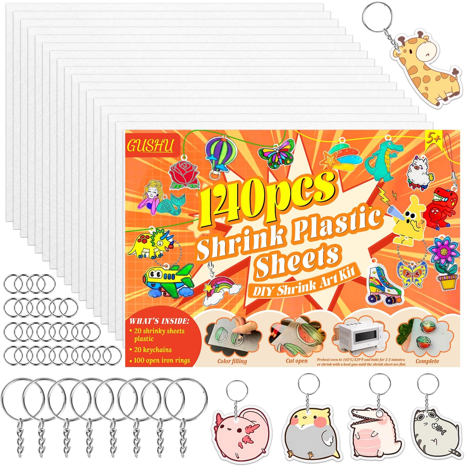 140PCS Shrinky Plastic Sheets Kit, Shrink Paper Keychain Kit with 20PCS Shrink Paper 120PCS Keychains and Open Iron Ring for Kids Creative Craft Marking, Handprint Keychains
