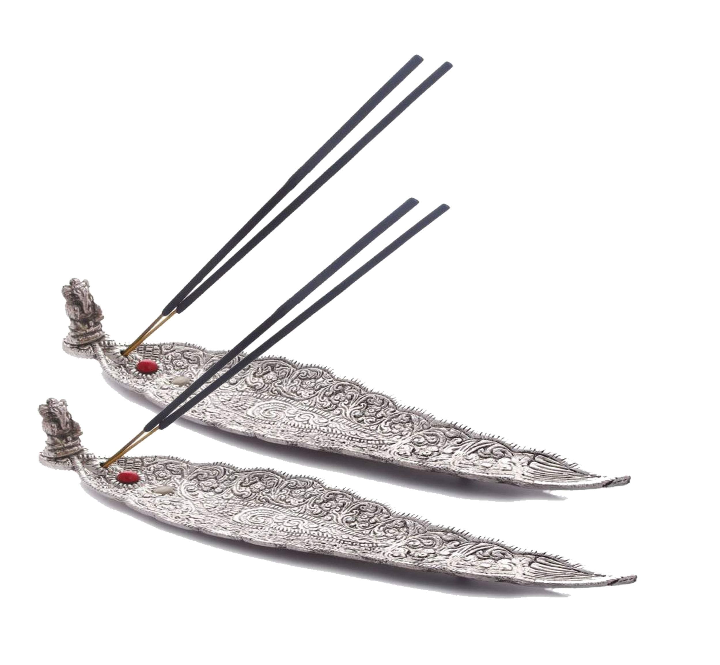 Two Vintage Metallic Leaf Shape Oxidized Agarbatti Incense Stick Stand Silver Plated Incense Holder
